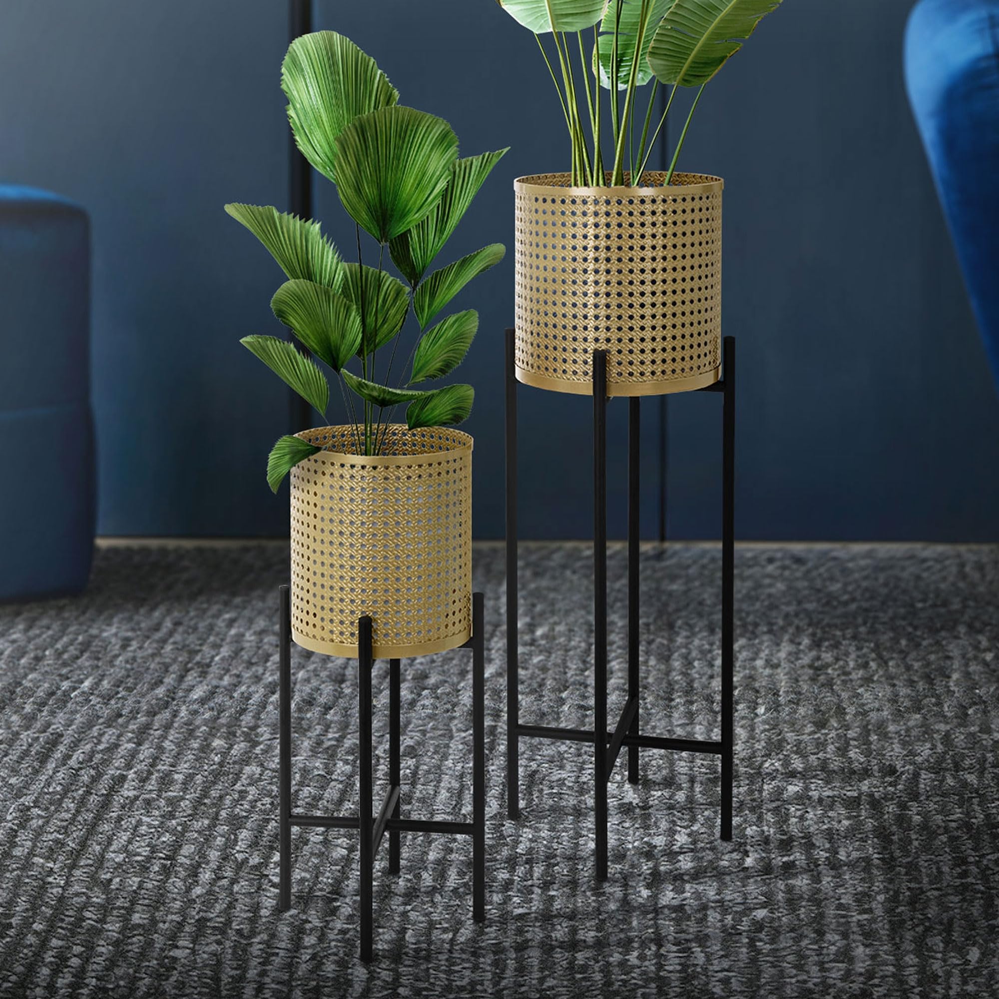 ML-Design 2 Soportes para Plantas de Metal Negro-Dorado Macetero Pedestal 17x17x55/19x19x75,5cm Jardinera de Interior o Exterior Estilo Industrial Decorativo Construcción Robusta y Estable para Flores