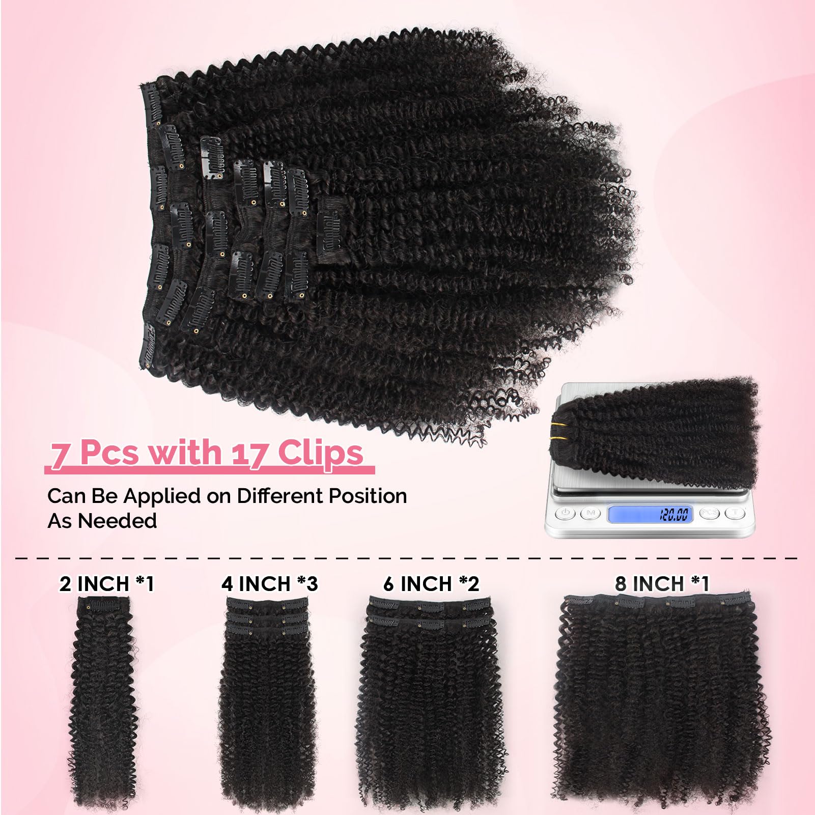 Lot de 7 extensions de cheveux humains afro bouclés à clipser pour femme noire - 4A 4B - Cheveux afro crépus bouclés - Noir naturel - Double trame - 30,5 cm - 120 g