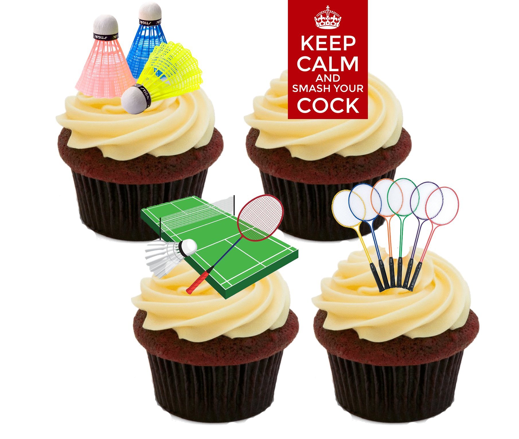 Made4you Badminton Rude/Funny Edible Cupcake Toppers - Stand-Up Wafer Cake Decorations (Pack Of 12)