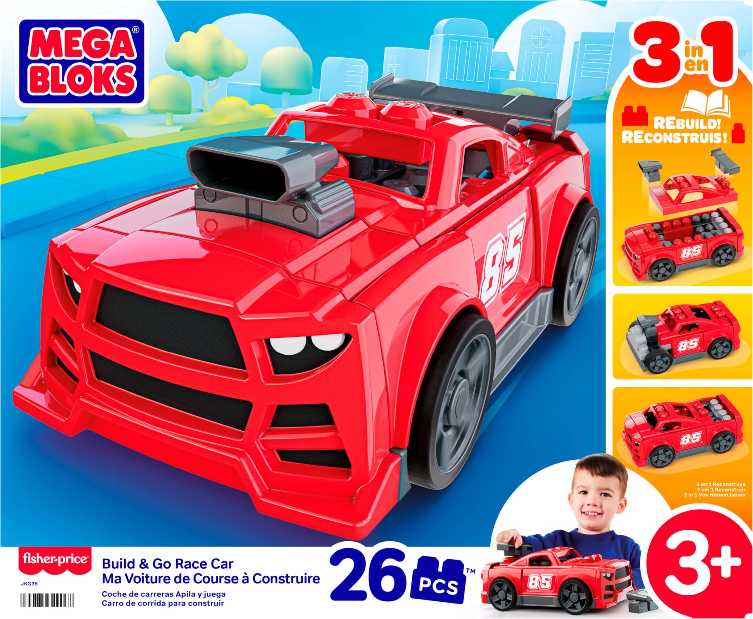 Mega Bloks - Auto da Corsa Costruisci e Vai, Set Veicolo da 26 Pezzi e Ruote funzionanti, Macchina trasformabile in Pick-up e Hot Rod da Costruire e ricostruire, 3+ Anni, JKG35