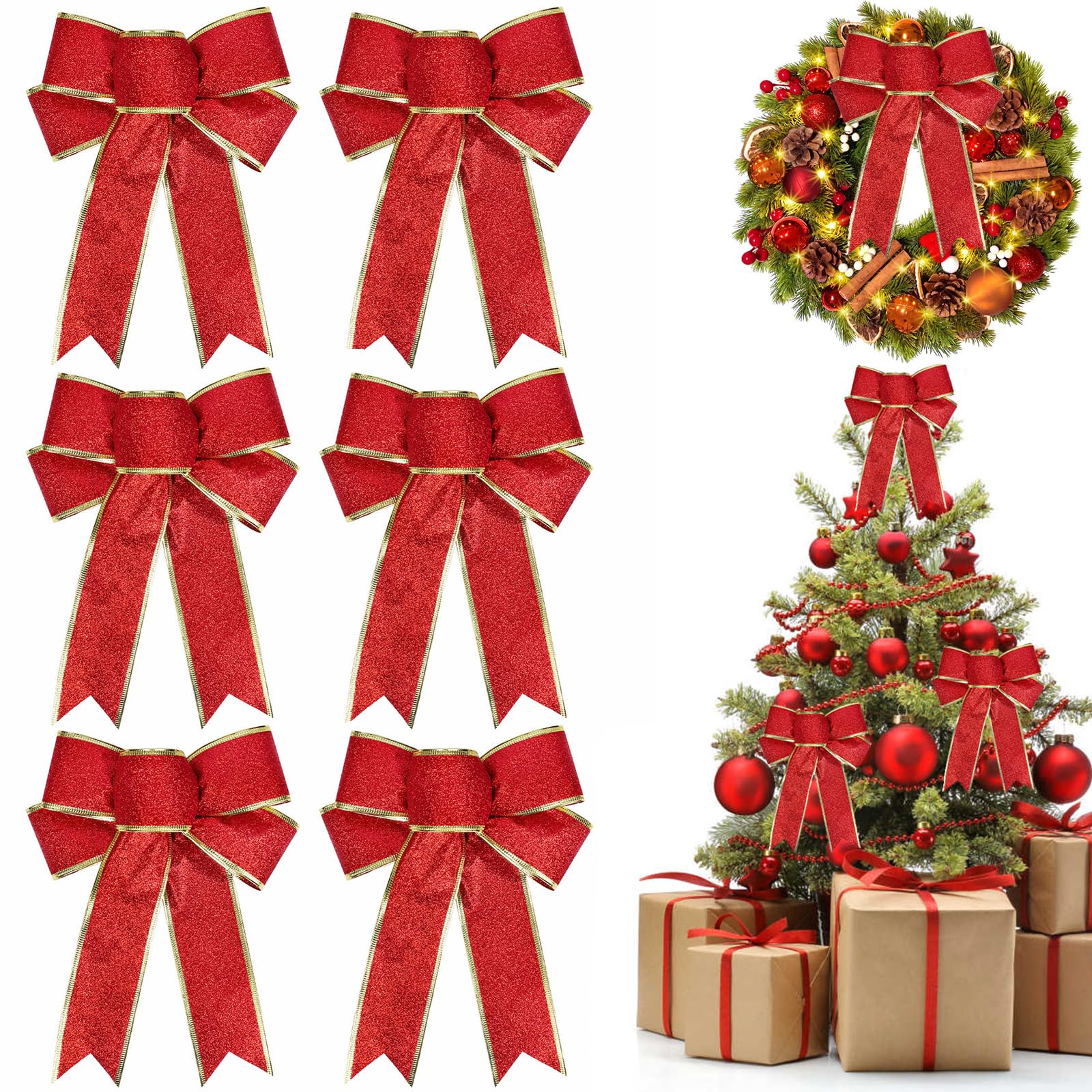 Yankmoom Red 6Pcs Glitter Bows For Christmas Tree Decoration,23X18 Cm Glitter Xmas Bows Wreaths Bows Small Christmas Bows For Christmas Tree Wreaths Garland Gift Decoration