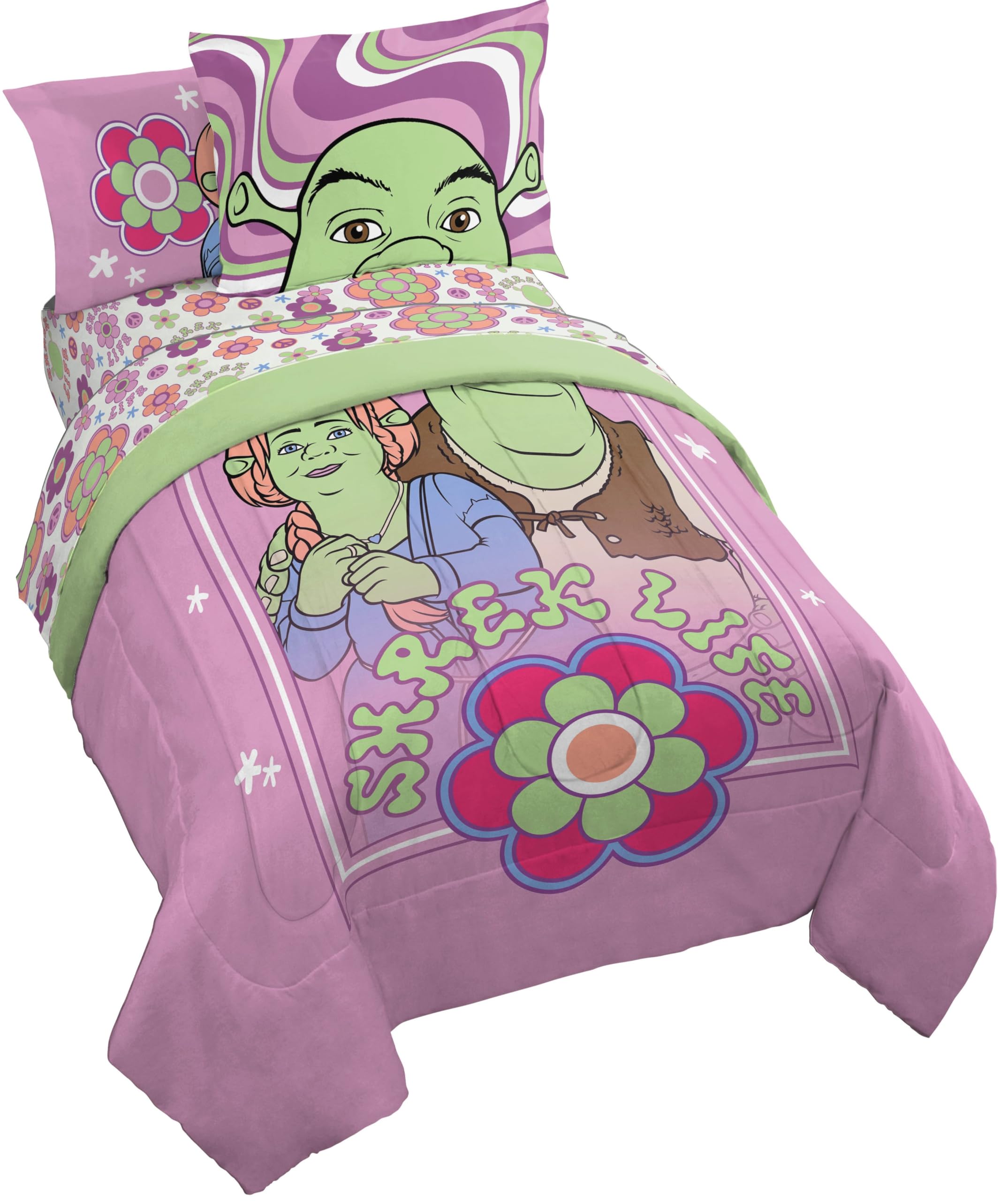 Jay Franco Shrek Full Size Comforter Set - 7 Piece Floral Bedding Includes Sheet Set & Pillow Covers - Super Soft Cartoon Bedding with Fiona