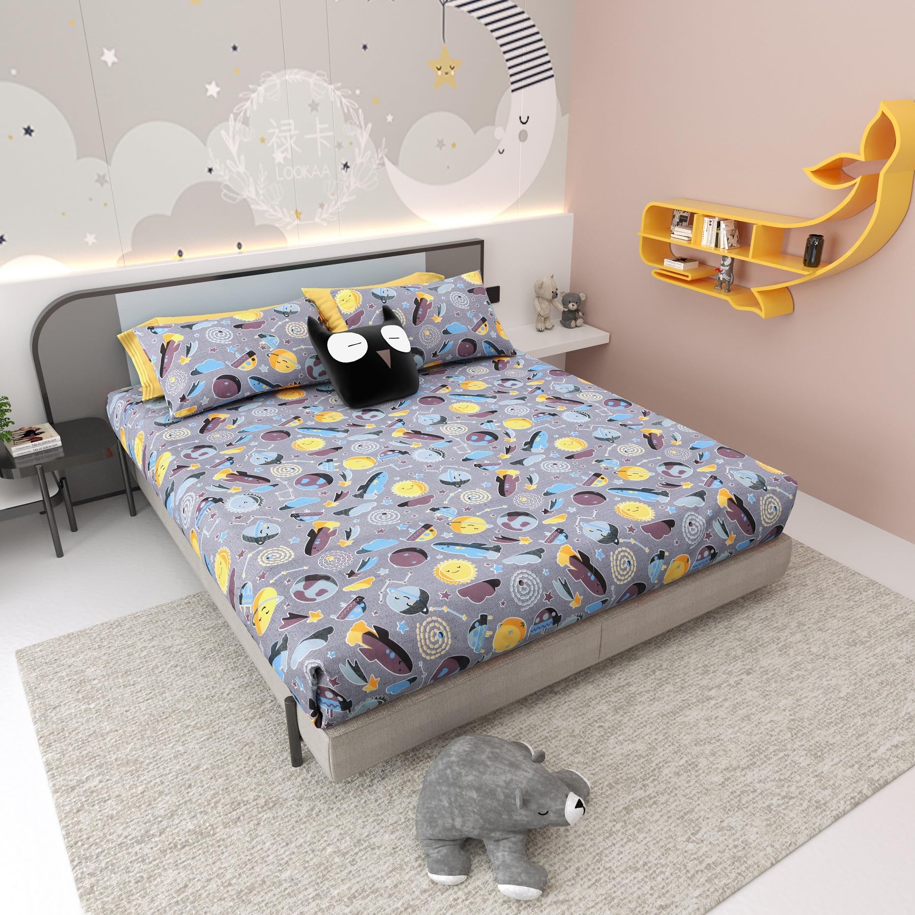 Cartoon Printed Premium Pure Cotton 300 TC King Size Bedsheet with 2 Pillow Cover, (100"x108" Inches), Pack of 1-picture-26