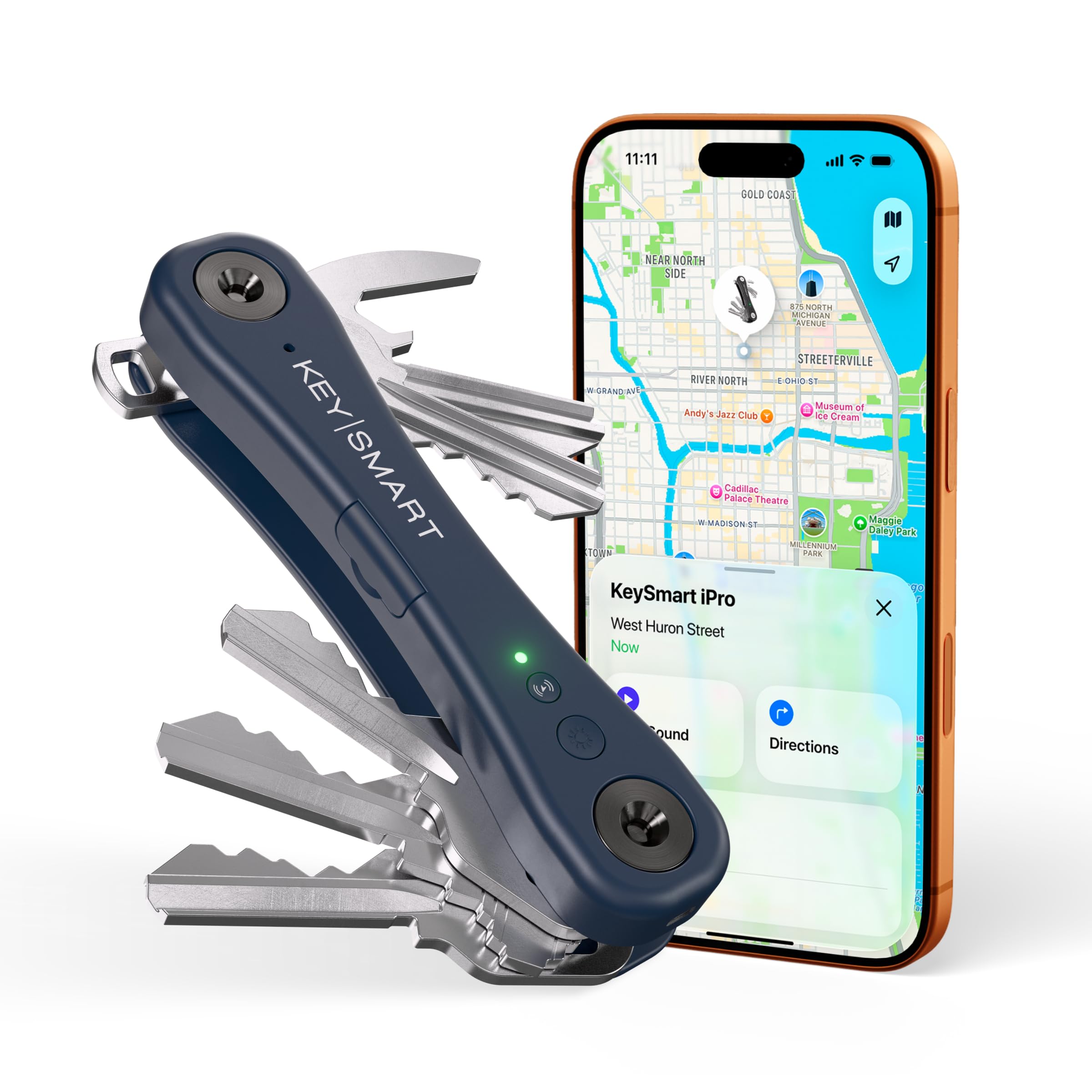 KeySmart iPro - Localizador de llaves con sonido, llavero compatible con Apple Find My App, organizador de llaves, rastreador compacto sin desorden, regalos tecnológicos para hombres (hasta 14 llaves