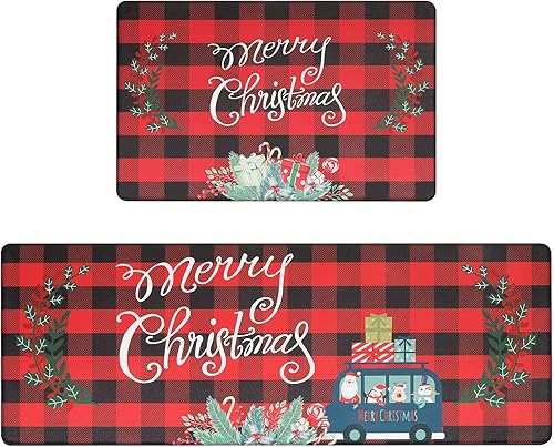 Pauwer Juego de 2 alfombras de cocina de Papá Noel de Navidad, tapete de cocina a cuadros, antideslizante, antifatiga, juego de alfombras de cocina