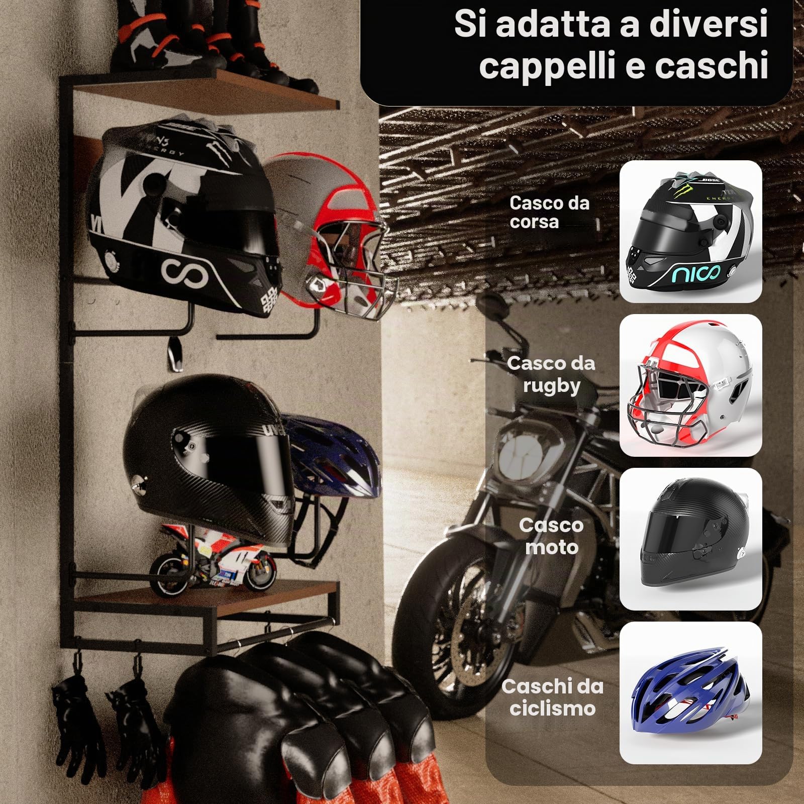 Porta Casco da Parete Con 2 Tavole in Strato di Legno - 4 Supporti per Casco Tattico, Moto, Calcio e Ciclismo - Appendi Cappelli
