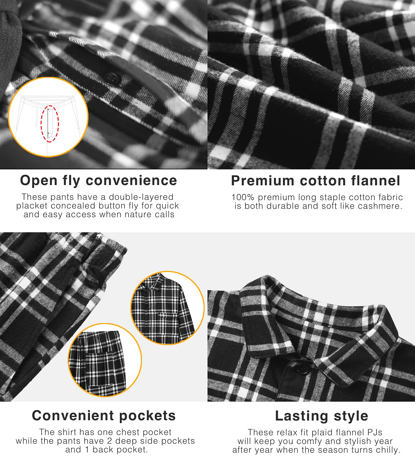 LAPASA 100% Cotone Flanella Completo Pigiama da Uomo a Quadri con Tasche e Coulisse, Set Maglia & Pantaloni M95