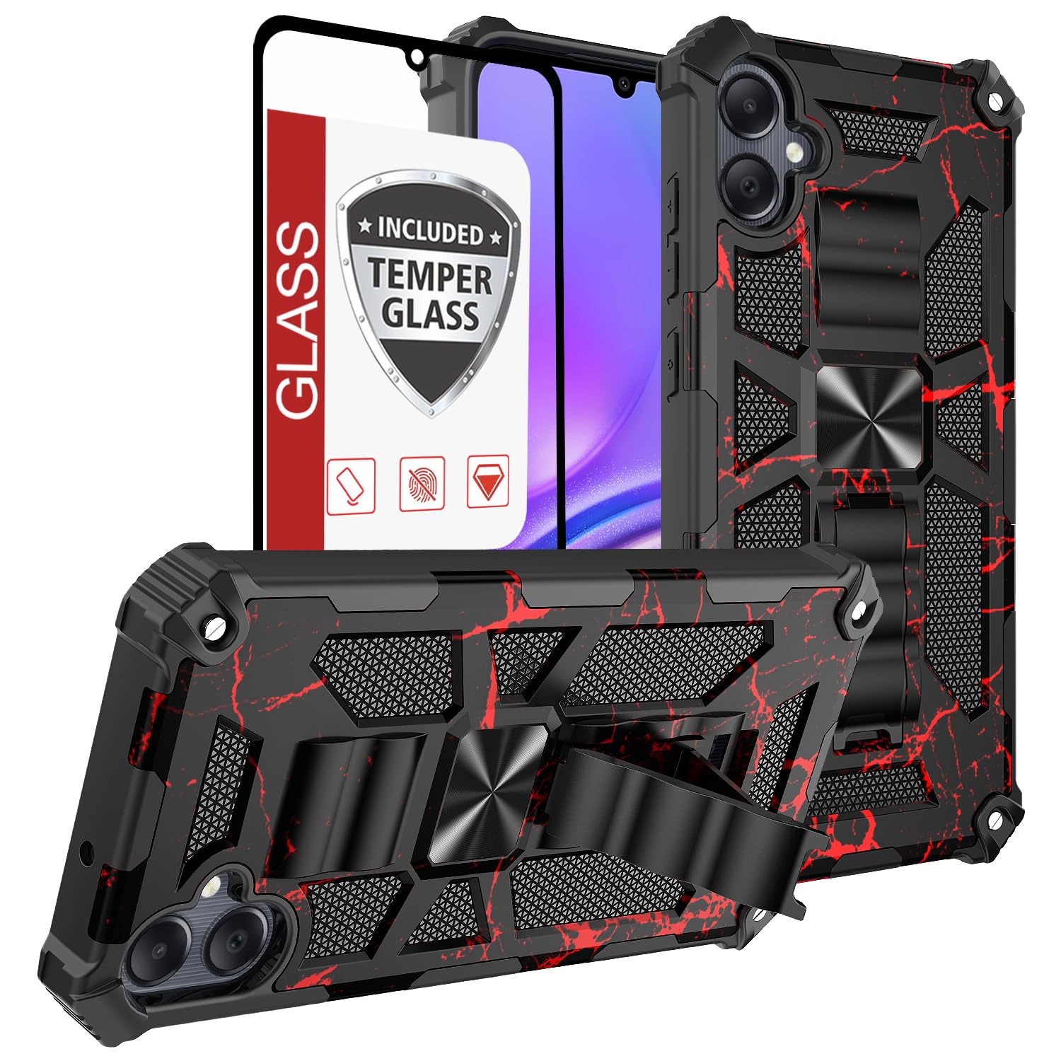 for Galaxy A05 Case,Samsung A05 4g Case w/Tempered Glass Screen Protector(Full Coverage) [Full-Body][15FT Mil-Grade][Built-in Kickstand] Car Magnetic