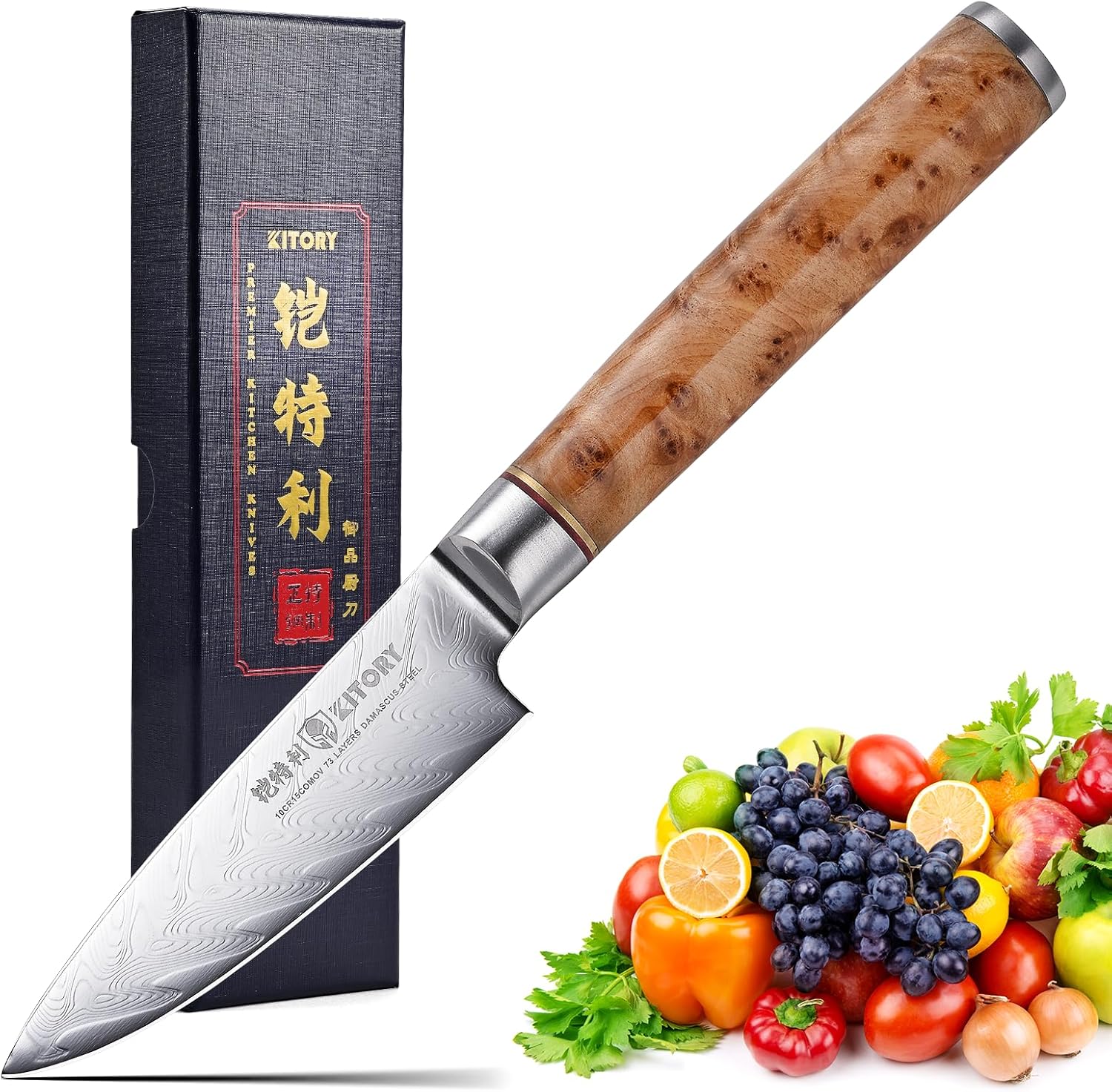 Damascus Paring Knife 3.5”, Peeler for Fruit, 73 Layers Damascus Steel Small fruit Knife with 10Cr15CoMoV Cutting Core, White Shadow Wood Handle, for Home & Restaurant, 2026 Gift