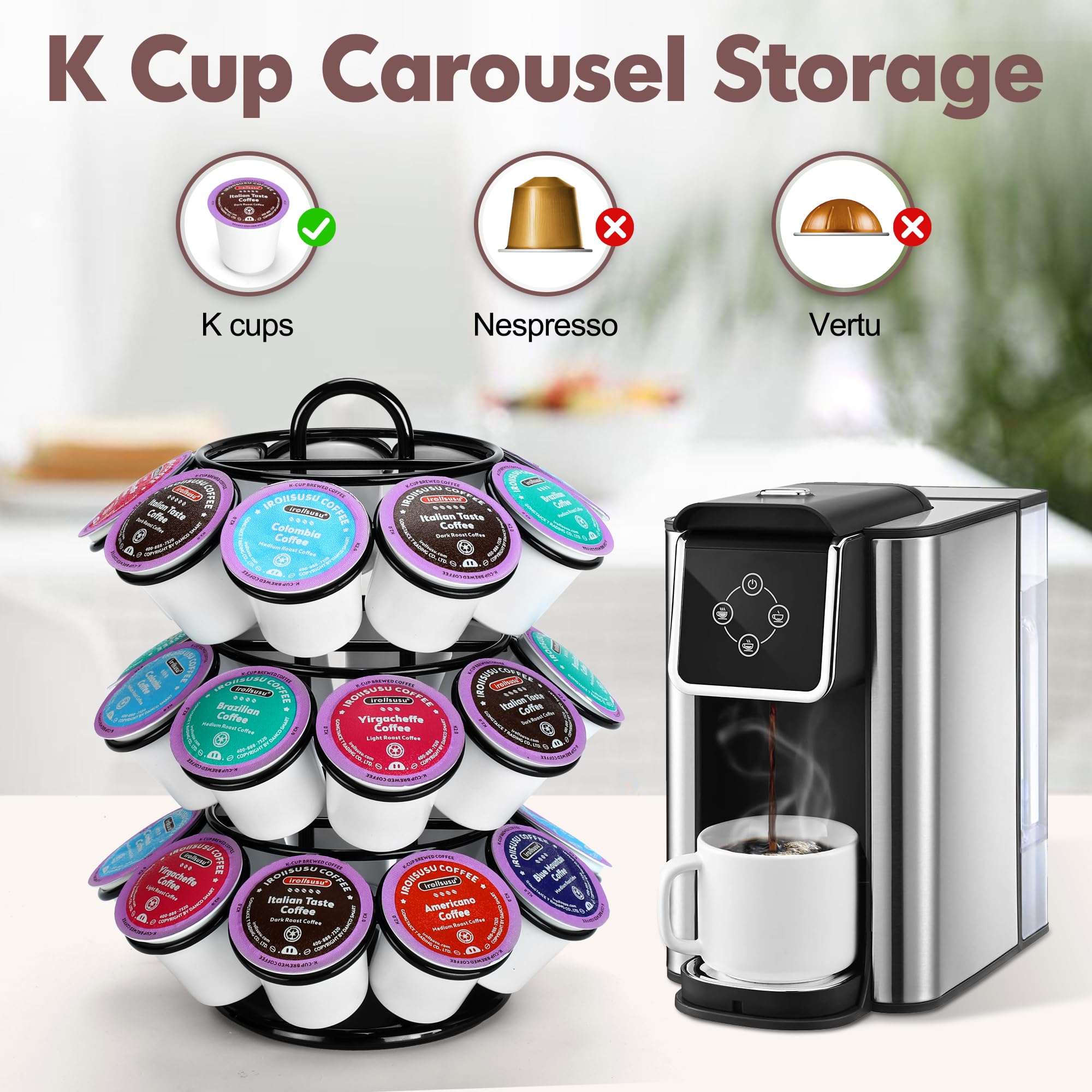 ROWISE Soporte para cápsulas de café, soportes para tazas K, carrusel de cápsulas de café de 3 niveles compatible con tazas K (27 cápsulas), gira 360 grados, diseño negro moderno