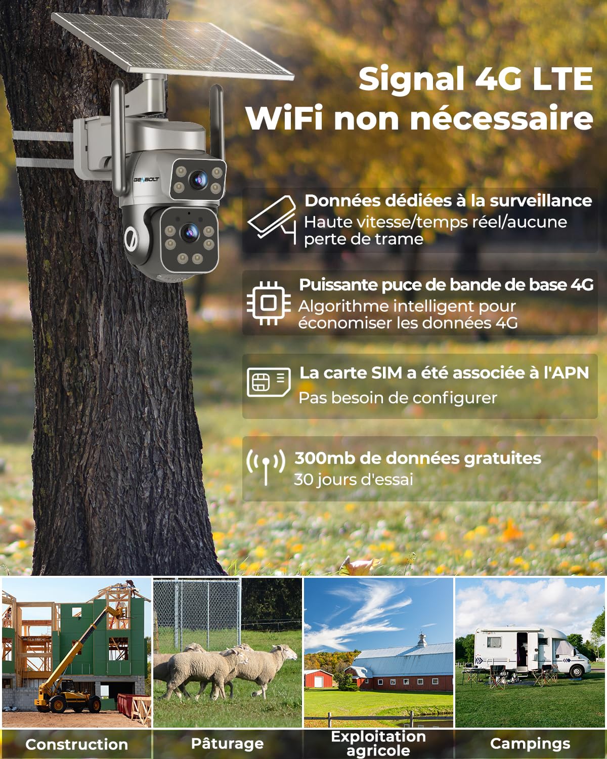 GENBOLT 4G AOV Caméra Surveillance Extérieur Solaire sans Fil Carte Sim