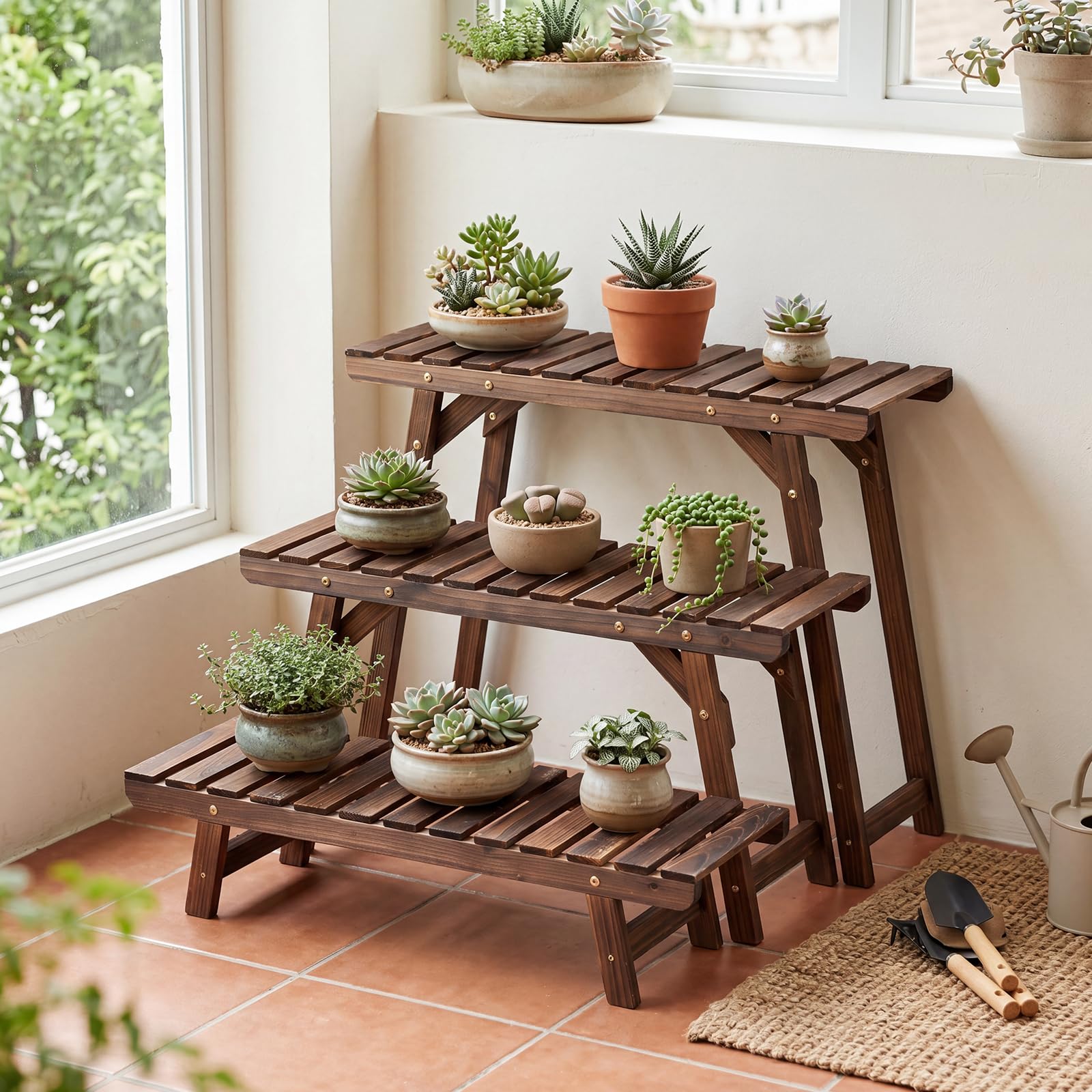COSTWAY Étagère pour Plantes en Bois 3 Niveaux Indépendant Echelle Escalier Porte-Plante Longueur 70CM Charge 10KG par Niveau pour Jardin Terrasse Balcon