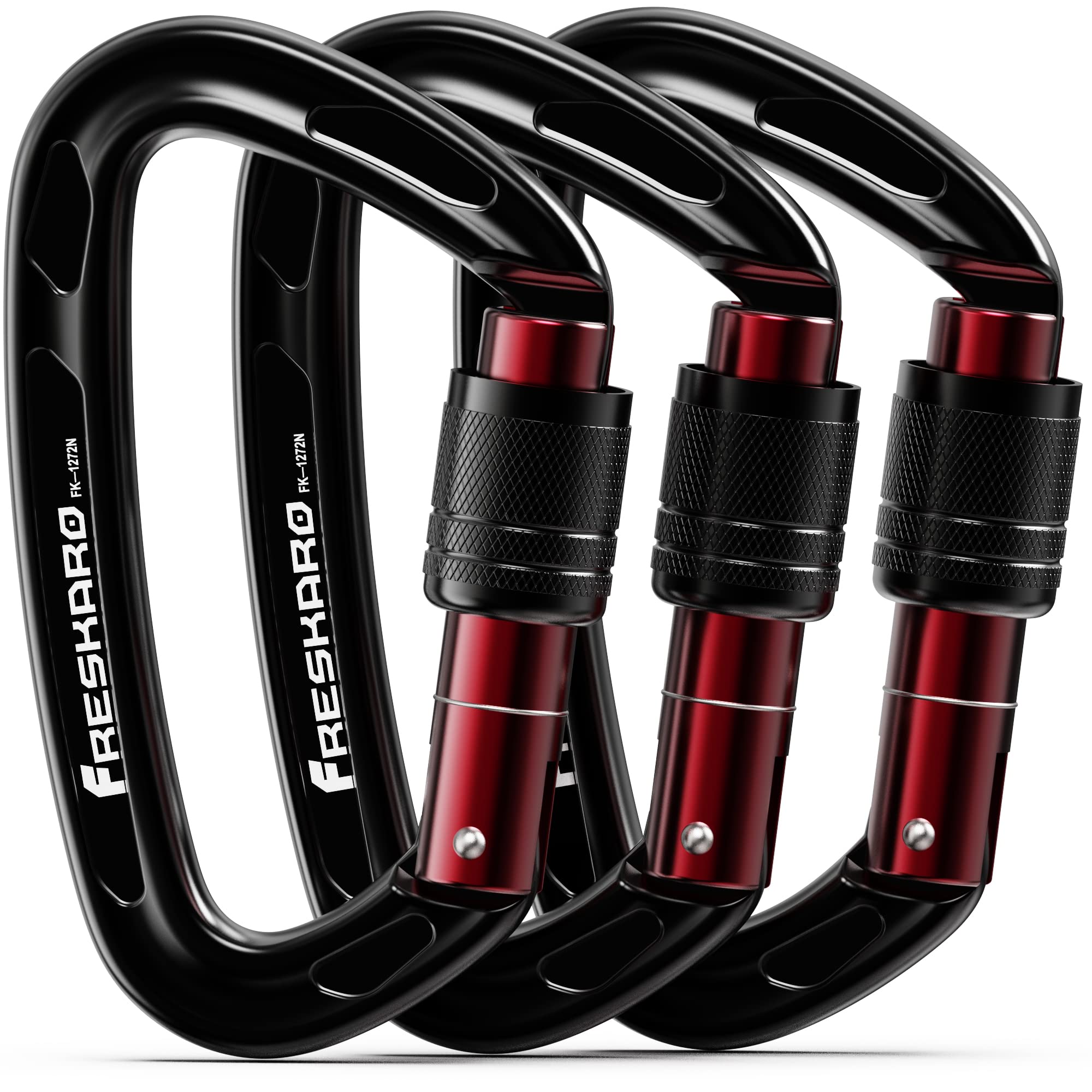 FresKaro 4inches Climbing Carabiner Clips, UIAA Certified 25kN Screw Locking Carabiners, Made of 7075 Aluminium, Lightweight, Rust Free and Heavy Duty, for Rappelling, Hiking etc, Black, 3pcs