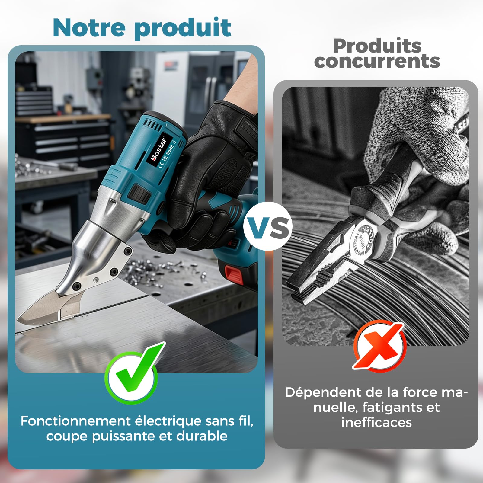 Bostar Cisaille à Tôle sans Fil, Moteur Brushless avec 2 Batteries 4.0Ah, Coupe-Tôle Électrique pour Métal 1,5mm & Alu 2,0mm, Tête Rotative 360° (Verrouillage Sécurisé), Compatible avec Makita 18V