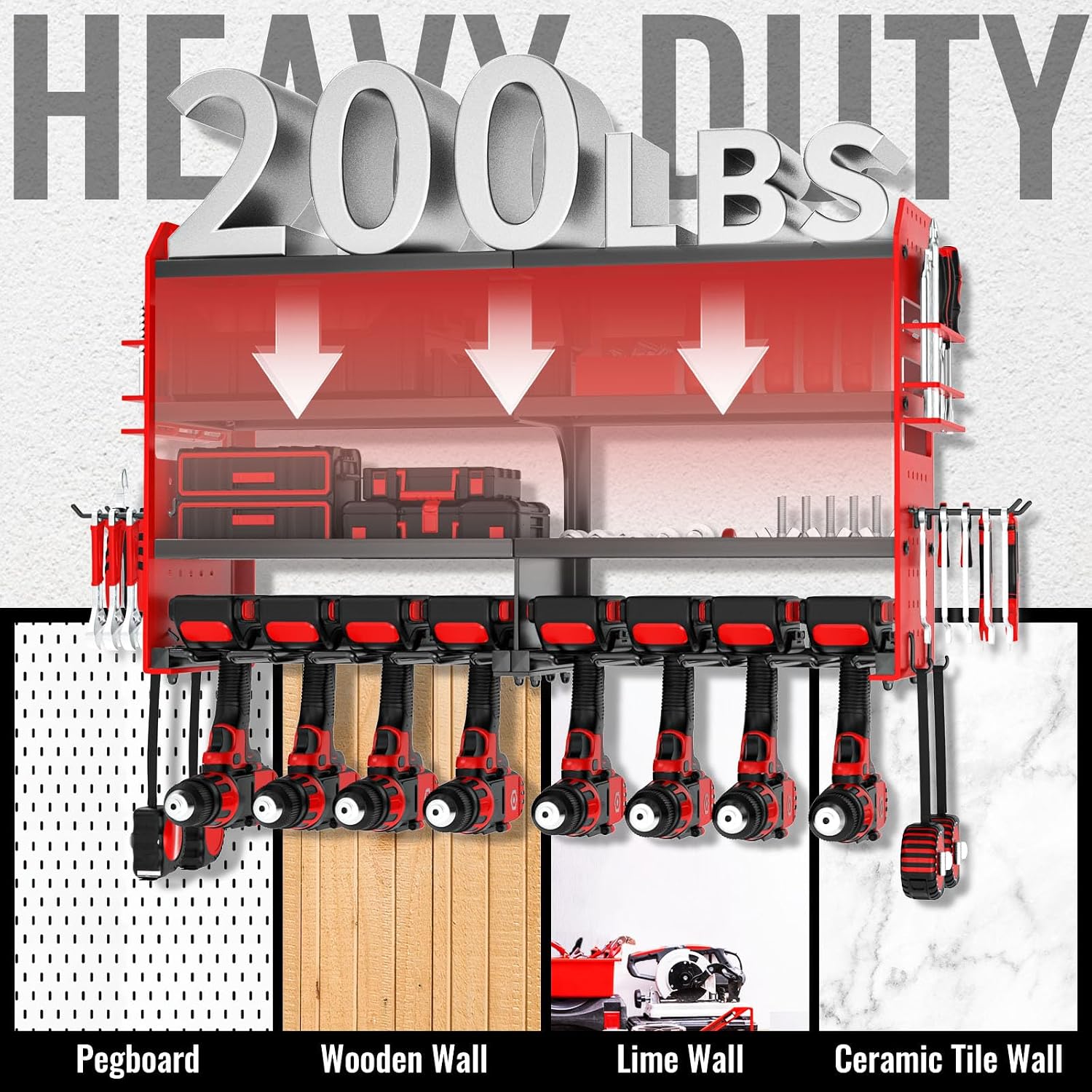 Power Tool Organizer Wall Mount, Metal Power Tool Storage Rack with Screwdriver Holder, Garage Tool Storage Shelves with Screwdriver Holder Plier Holder (Red, 8 Drills Holder)