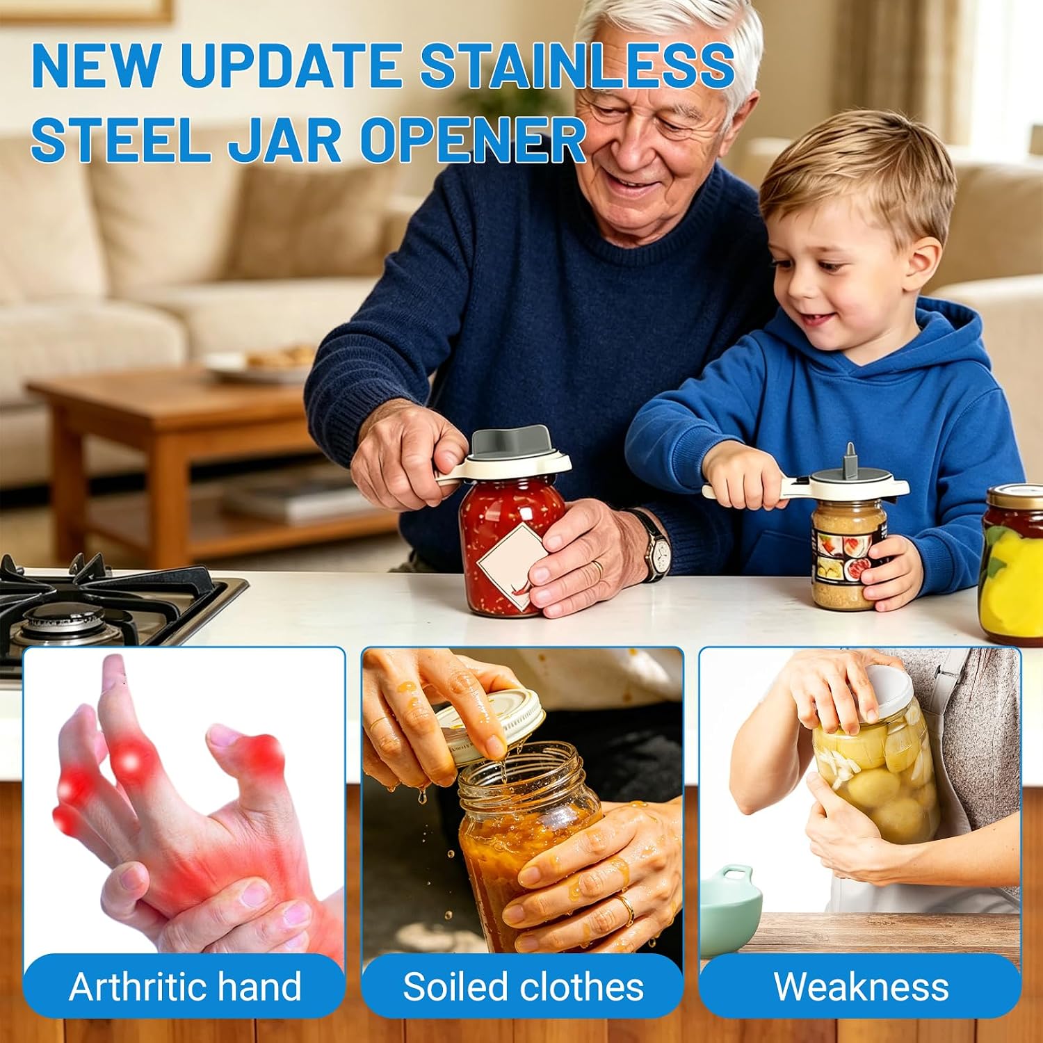 2026 New 4-in-1 Jar Opener, Multi-Functional Retractable Jar & Bottle Openers, Adjustable Stainless Steel Lid Remover for Seniors & Arthritis Sufferers, Fits Kitchen Jars, Bottles & Cans