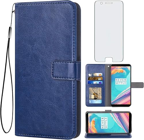 Asuwish Compatible con OnePlus 5 - Funda tipo cartera de vidrio templado, protector de pantalla con tapa para tarjetero, accesorios celulares, Azul