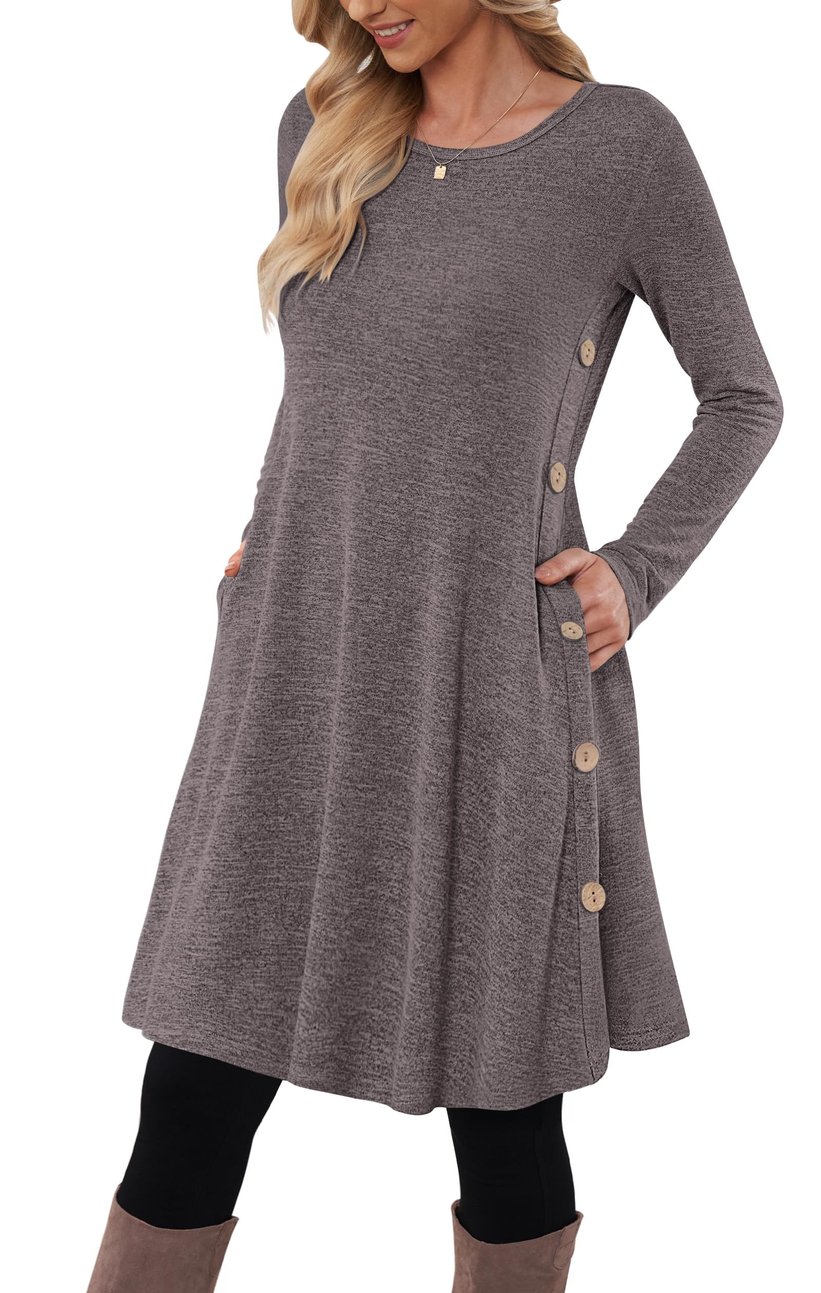 MOLERANI Jumper Dress for Women Long Sleeve Dress Ladies Button TunicDress with Pockets Black Pink Size 12-14 M