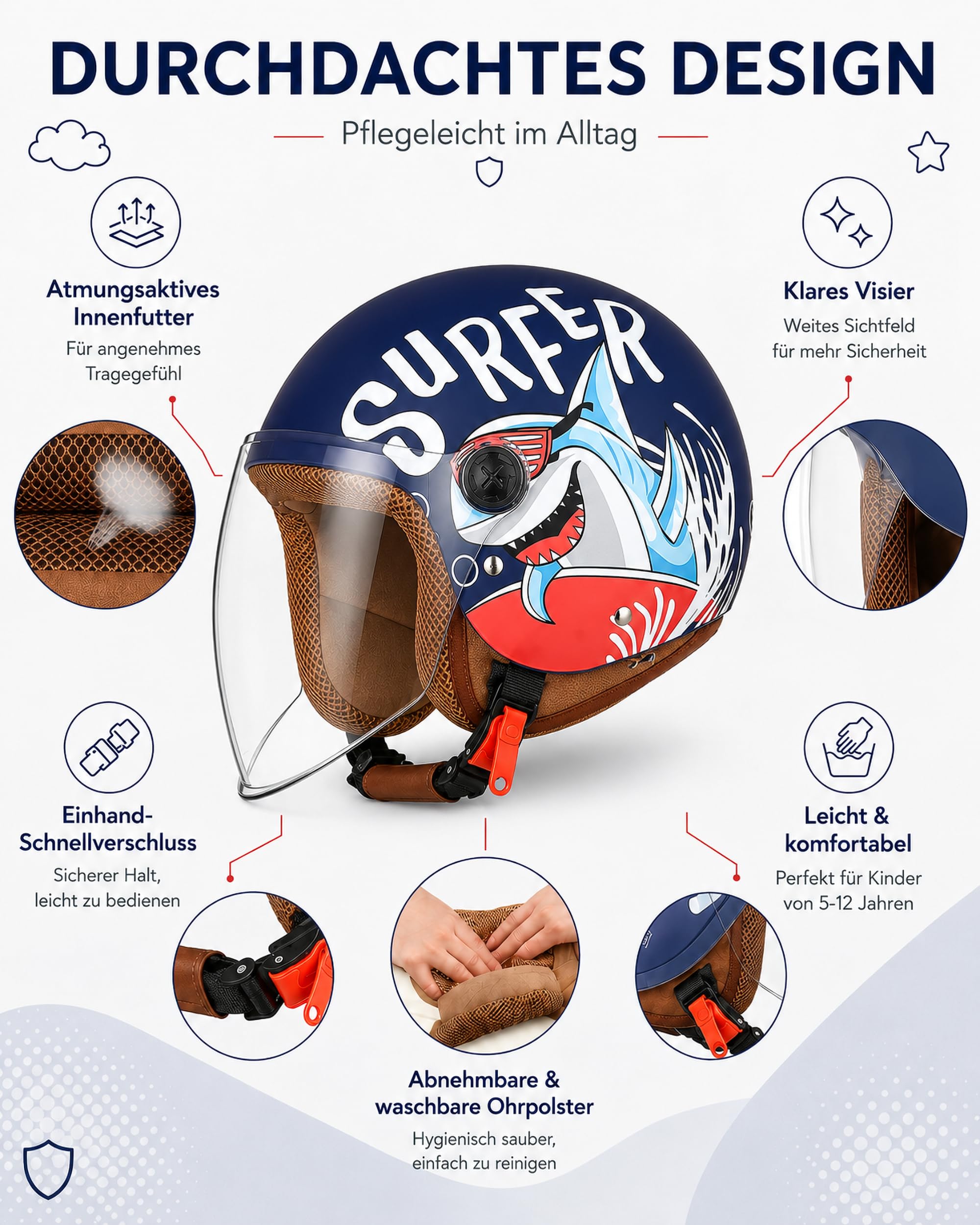 FREEUP Kinder Motorradhelm Roller Helm jethelm mit Sonnenblende, Mädchen Rollerhelm Junge Mofa helm, Schnellverschluss tasche, 48-55cm, für 5 Jahre - 12 Jahre Kid
