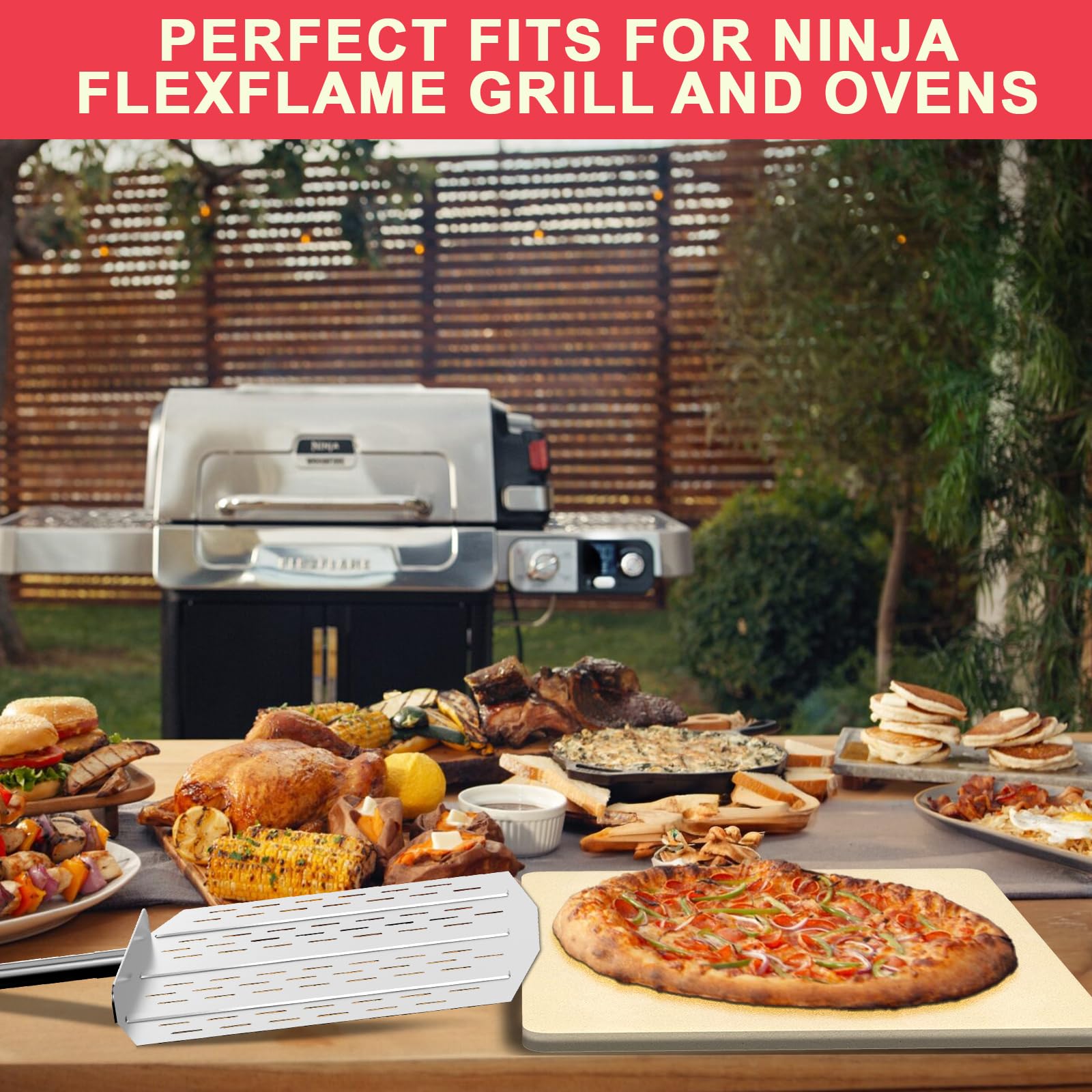 40,6 cm quadratischer Pizzastein für Ninja FlexFlame Grill und Ofen, Universal Großer Keramikstein mit Pizzaschieber & Kunststoffschaber für Ninja Flex Flame Zubehör, Kit zum Kochen von Brot, Calzones