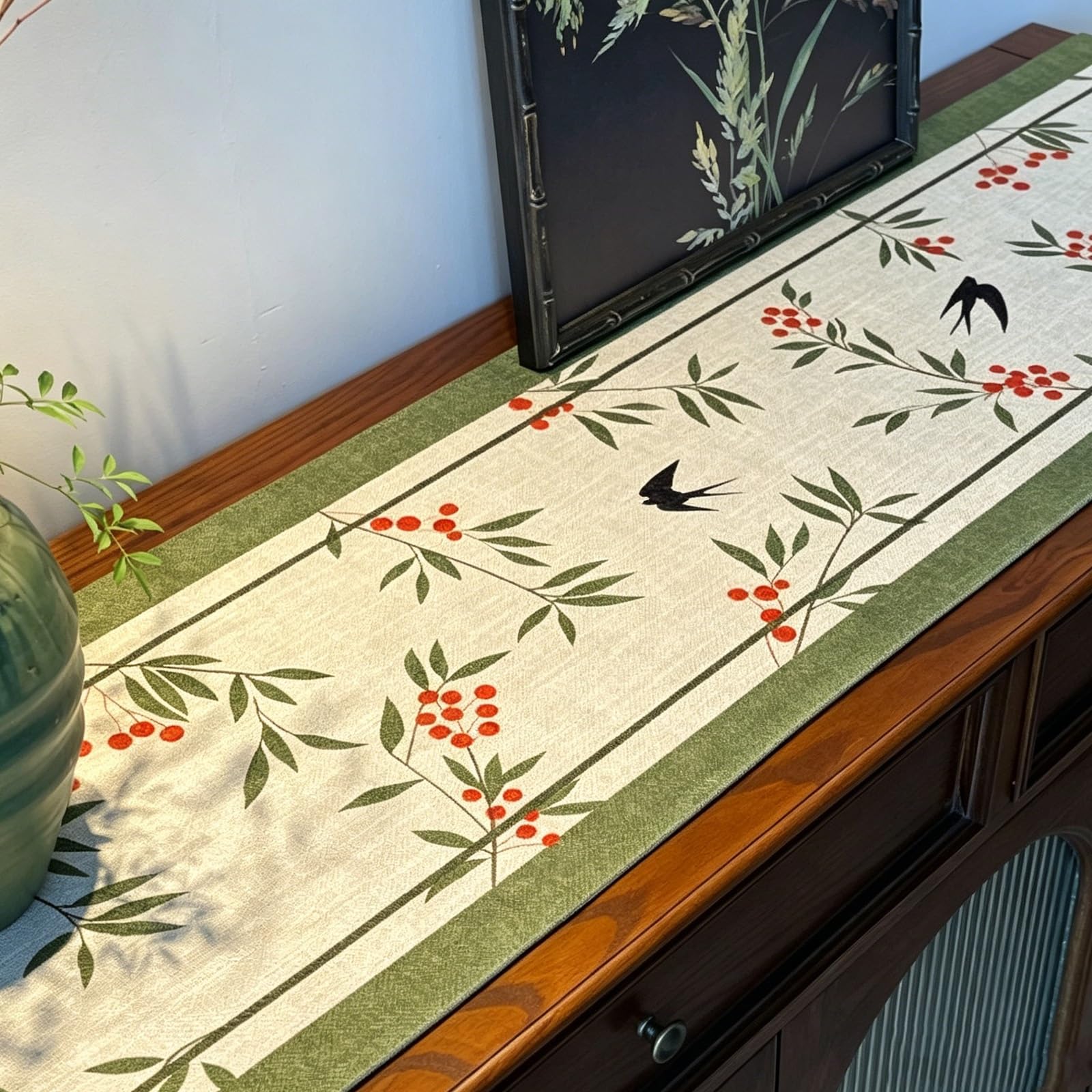 Camino de Mesa de Estilo Rústico, Camino de Mesa de Chenilla Hilo Dorado con Borlas, Acento Decorativo para Consolas de TV, Mesas de Comedor y Zapateros(Swallow,200cm/78.7in)