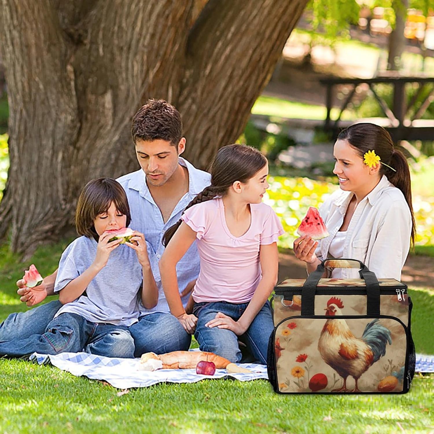 Insulated Picnic Backpack Tote Bag, Large Capacity 30L Art Chicken Animal Painting Cooler Bag Leakproof Beach Bags Portable Lunch Box Waterproof Picnic Basket for Beach Camping BBQ
