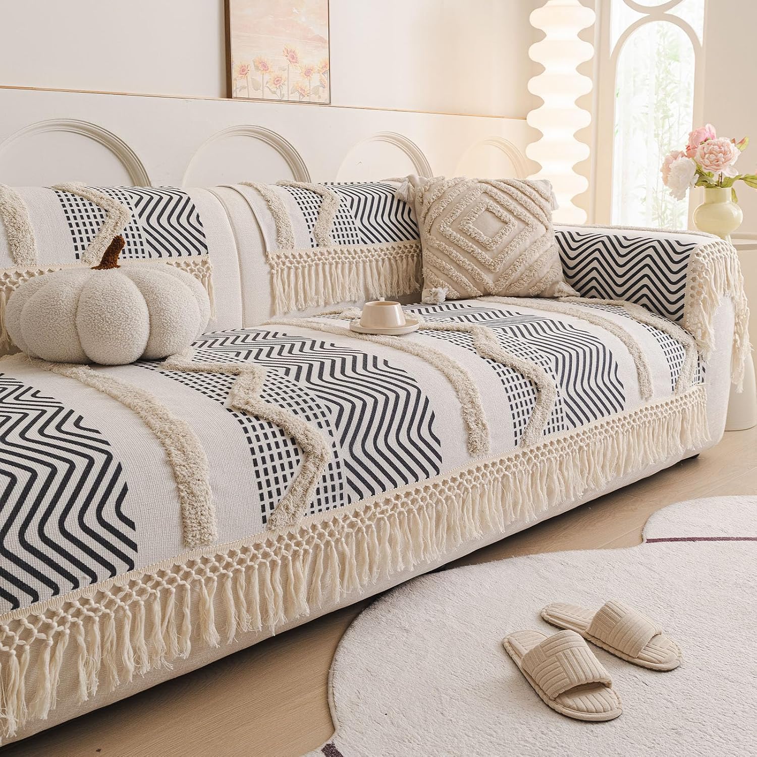 vctops Boho Cotton Linen Sofa Couch Cover with Handmade Tassels Farmhouse Rustic Thick Tufted Setcional Couch Covers Non-Slip Soft Sofa Slipcover Washable Furniture Protector (Grey A,43"x94")