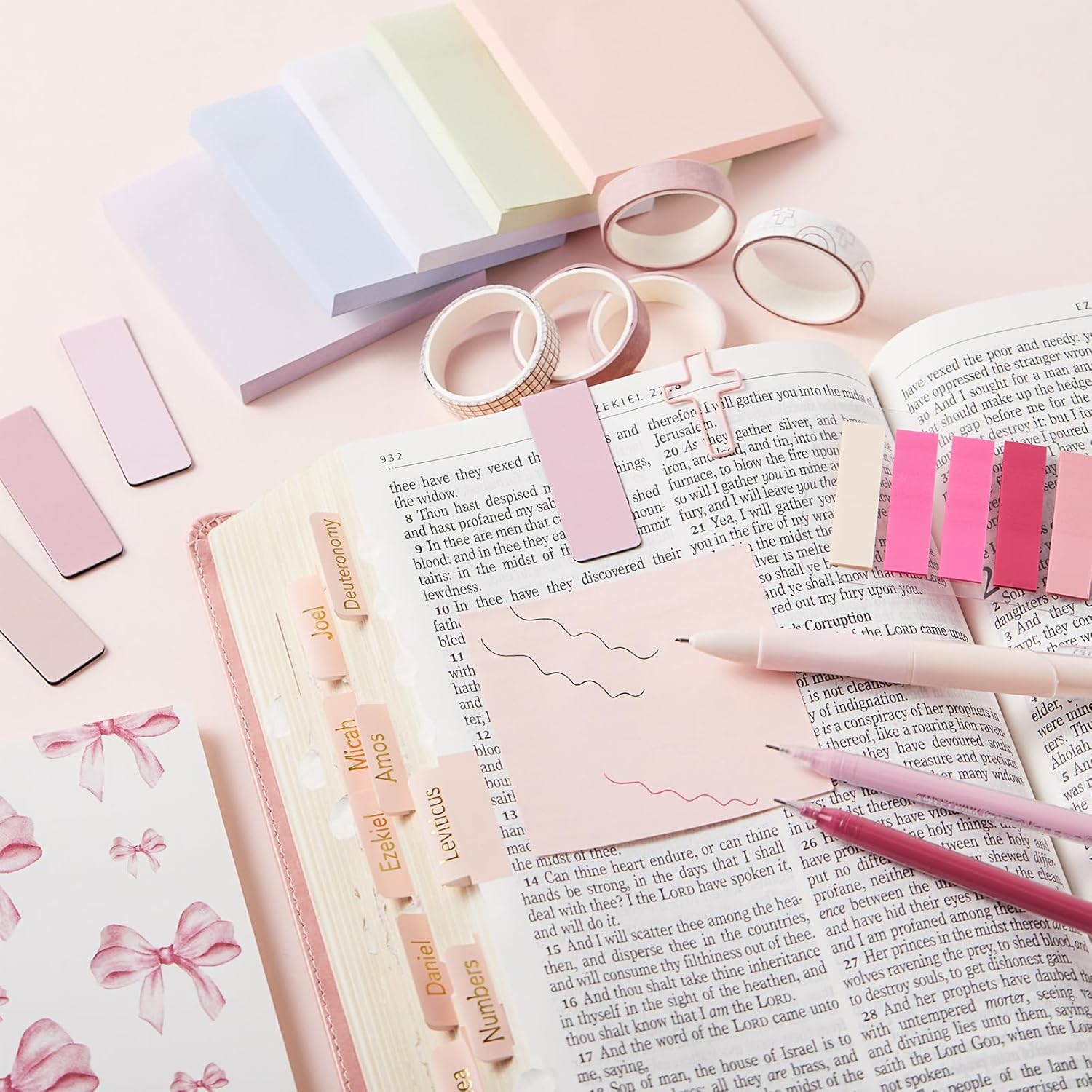 Jutom 97 Pcs Bible Study Supplies Journaling Kit, Christian Pink Bow Notebook with Bible Tabs, Colored Highlighters, Pen Case and More, Religious Gift for Women, New Believers & Christian Students
