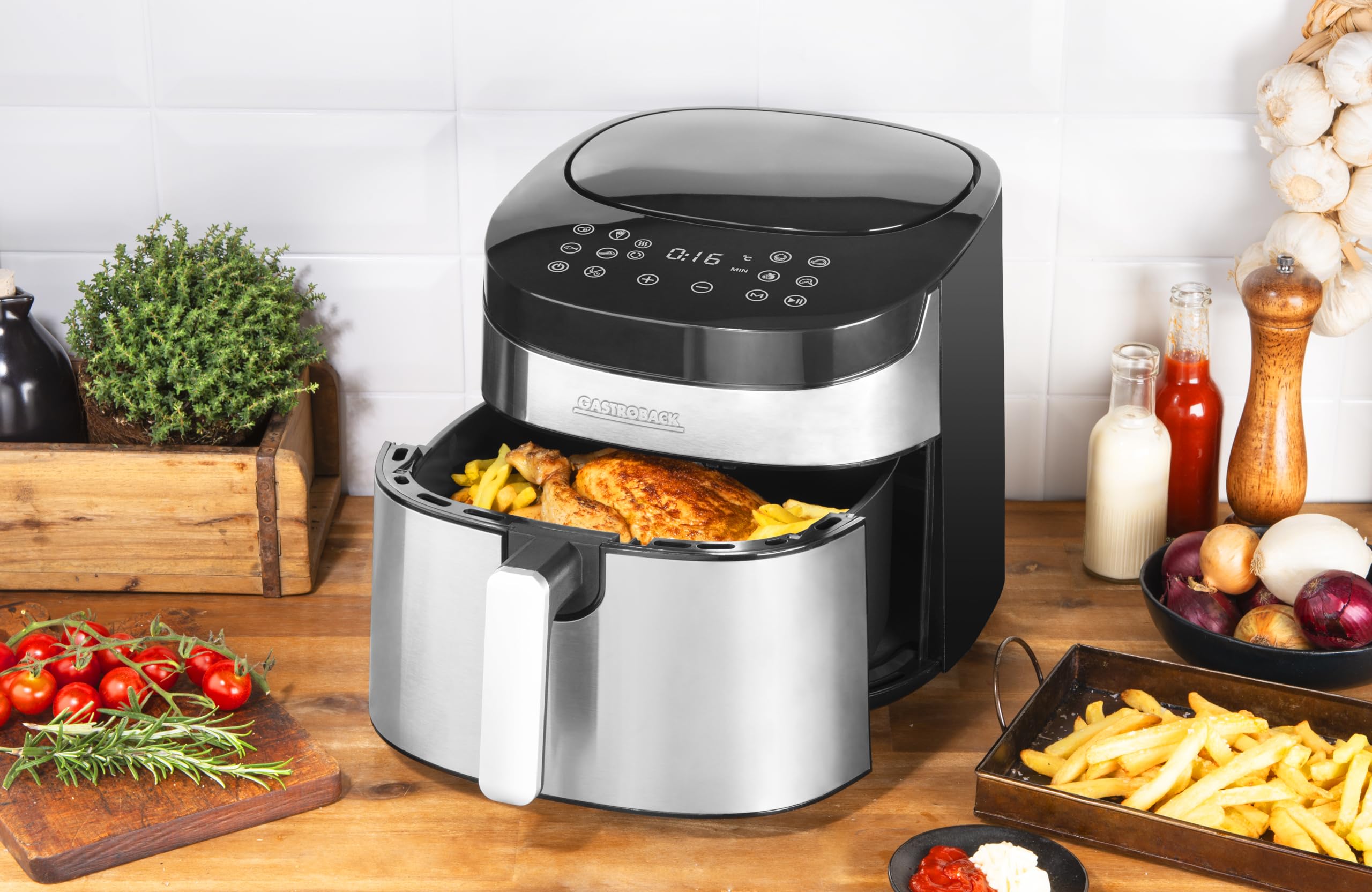 GASTROBACK #42583 Air Pro XXL Friteuse à air chaud, avec volume de remplissage de 6,5 l, 8 programmes préréglés, panneau de commande tactile, argenté/noir