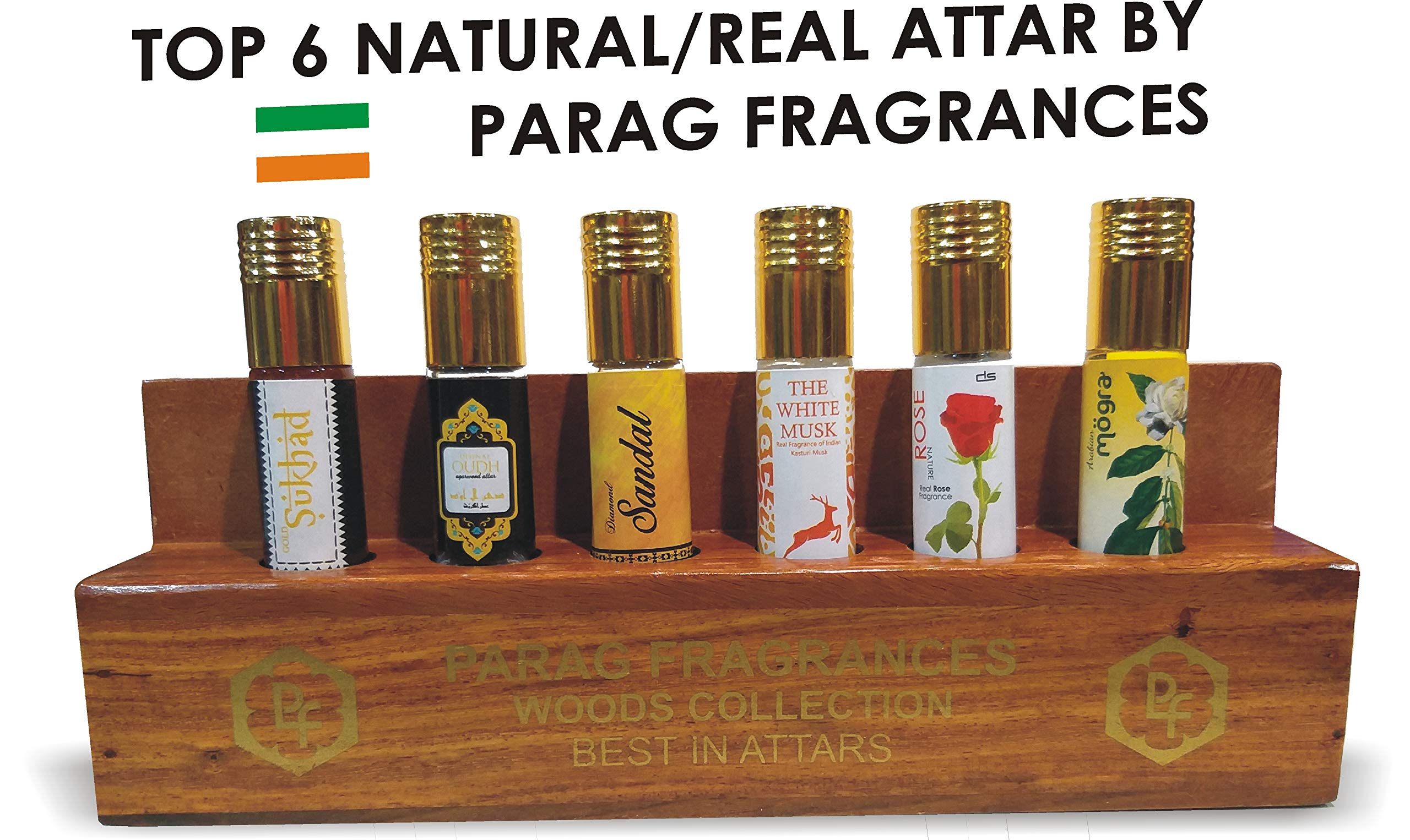 Parag Fragrances 6 In 1 Set Of Real & Natural Attar With Wooden Stand GOLD SUKHAD (KESAR CHANDAN), DEHNAL OUD, DIAMOND SANDAL, THE WHITE MUSK, ROSE NATURE & ARABIYAN MOGRA,ALCOHOL FREE & LONG LASTING