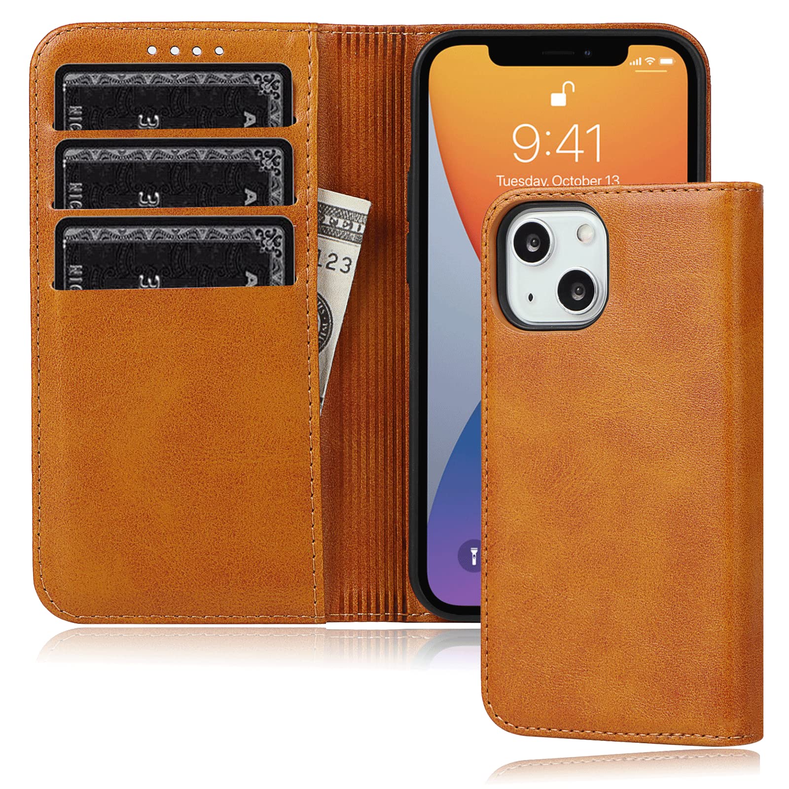 FROLAN iPhone 13 Wallet Case Premium PU Leather with Credit Card Holder Slot Flip Folio Book Kickstand Magnetic Drop Protection Shockproof Cover