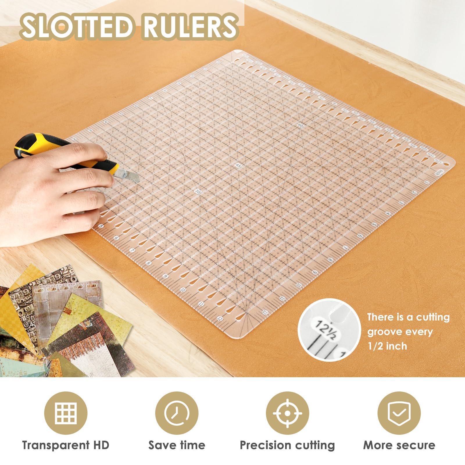 HONEYSEW Shape Cut Quilting Ruler – 12x12 Slotted Ruler For Precise Fabric Strips, Squares & Triangles