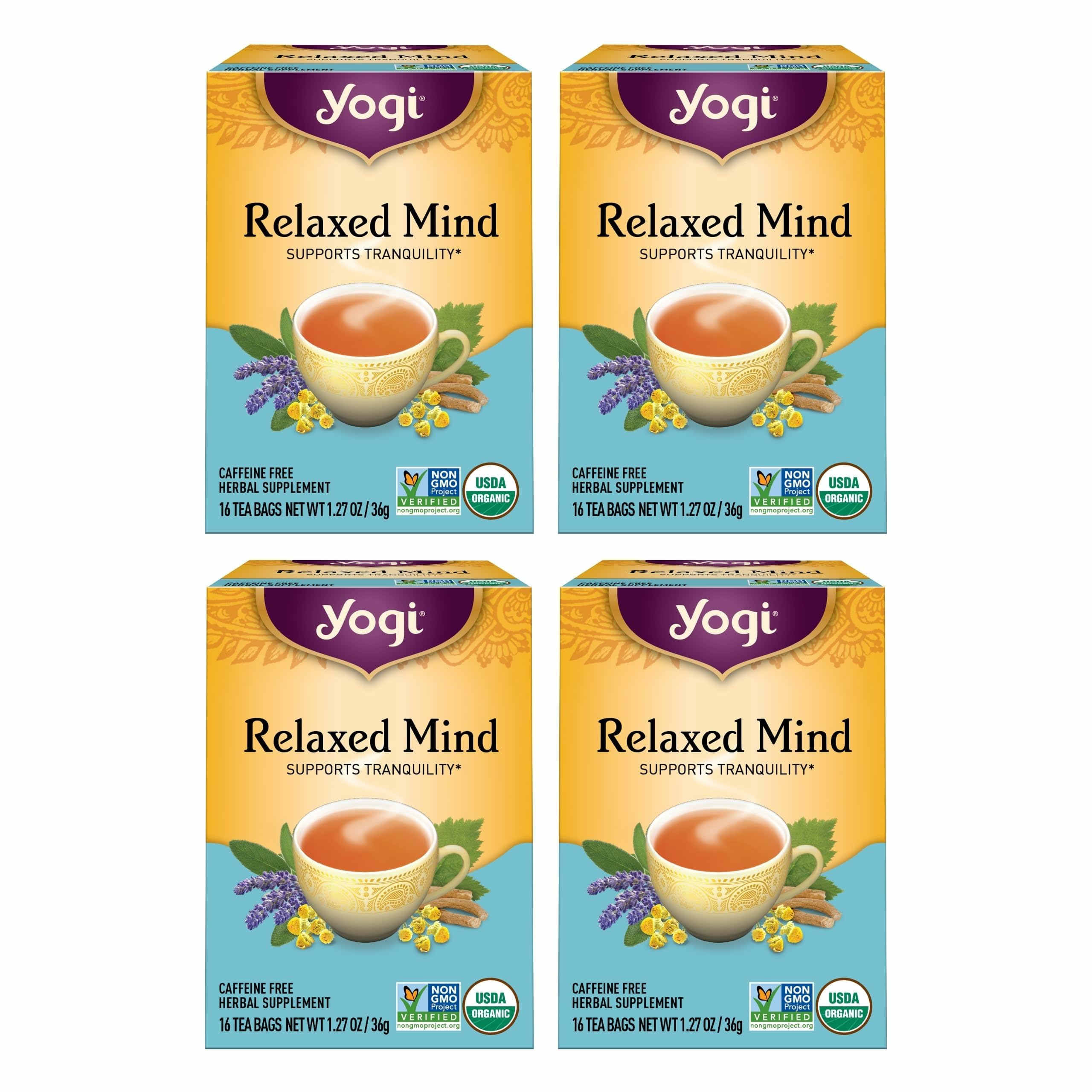 Yogi Tea Relaxed Mind Tea - 16 Bags per Pack (4 Packs) - Relaxing, Calming Organic Tea for Stress Support - Includes Ashwagandha Root, Sage Leaf, Lavender Flower, Peppermint Leaf & More