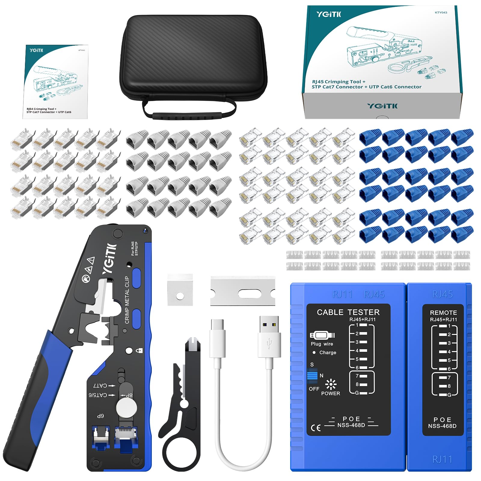 Pinza Crimpatrice RJ45 CAT7 Professionale con 50 Connettori Schermati, Testatore Ricaricabile e Design Foro Passante - Kit Completo per Cavi Ethernet 10Gbps, Scatola Portatile Inclusa