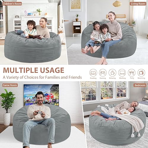 Miniatura 138 de Puf de 5 pies, puf grande con relleno de espuma viscoelástica, sofá puff esponjoso con funda de terciopelo holandés, puf redondo para sala de estar,