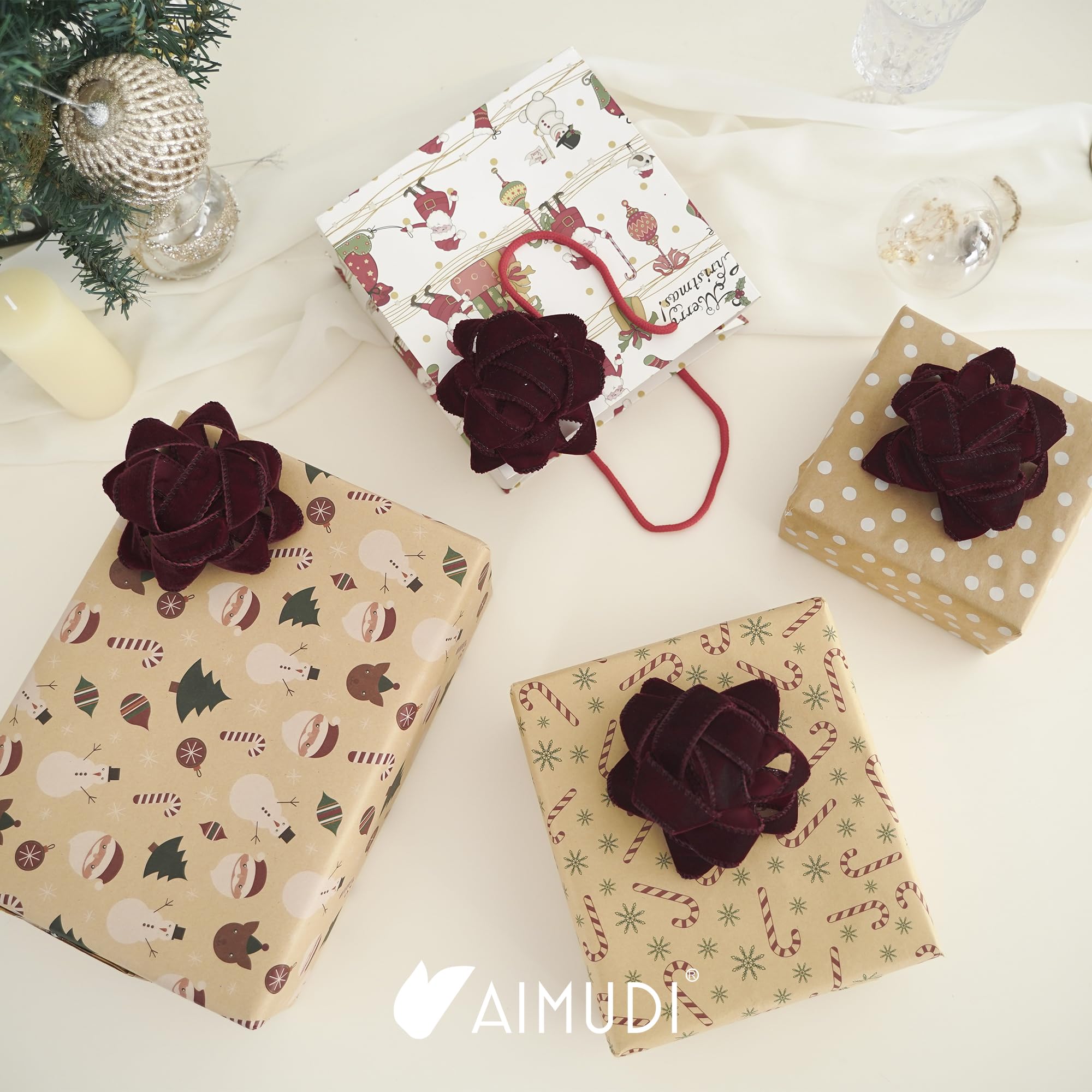 AIMUDI Geschenkschleifen aus Samt mit Draht, 11,4 cm, Weihnachtsschleifen für Geschenkverpackungen, selbstklebende Geschenkpapierschleifen für Party, Urlaub, Weihnachtsdekoration, 6 Stück