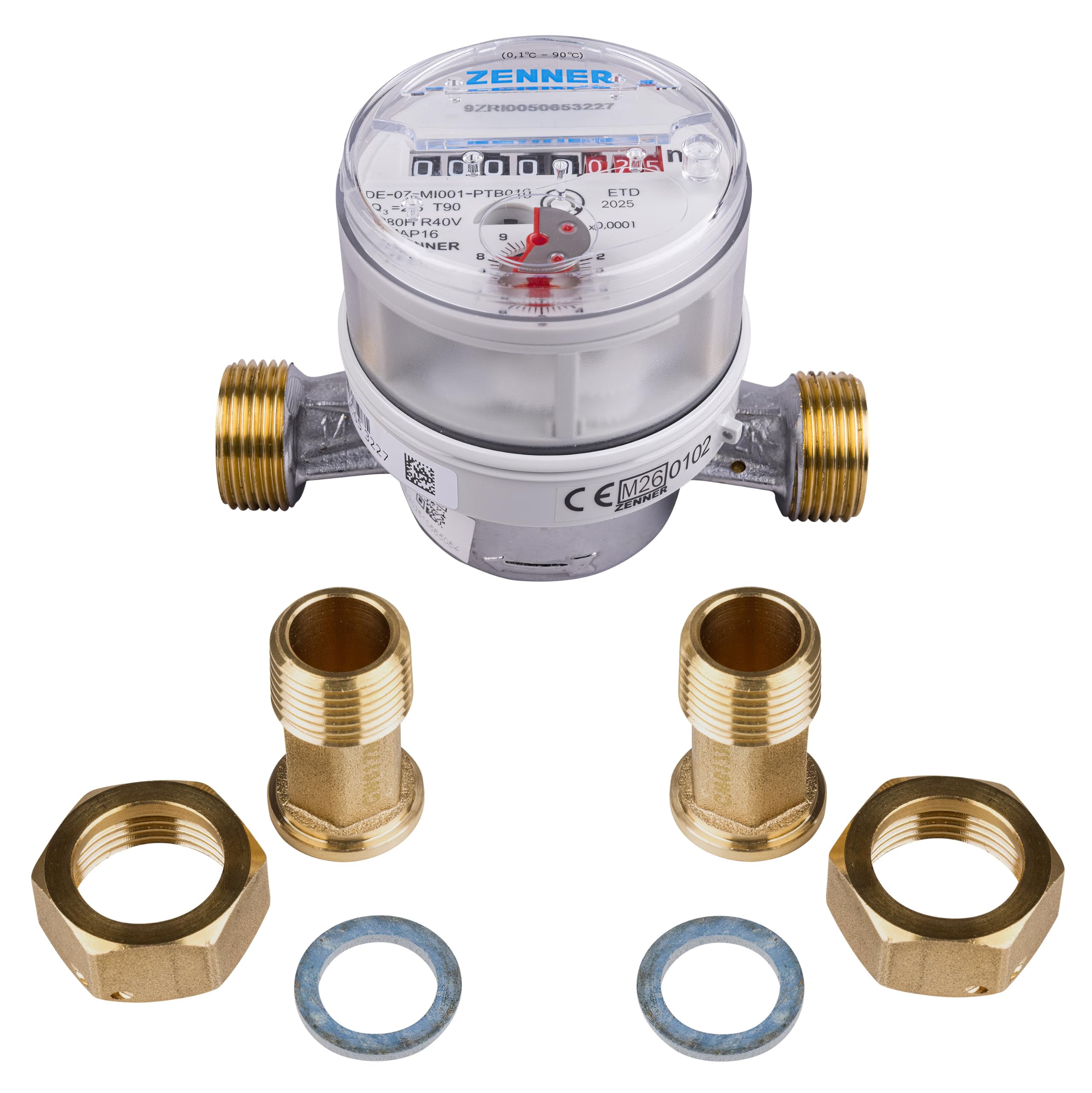 Zenner Contador de agua fría y caliente, 1/2 pulgadas, 110 mm de longitud, con atornillado, año de fabricación 2026 Q3 2,5