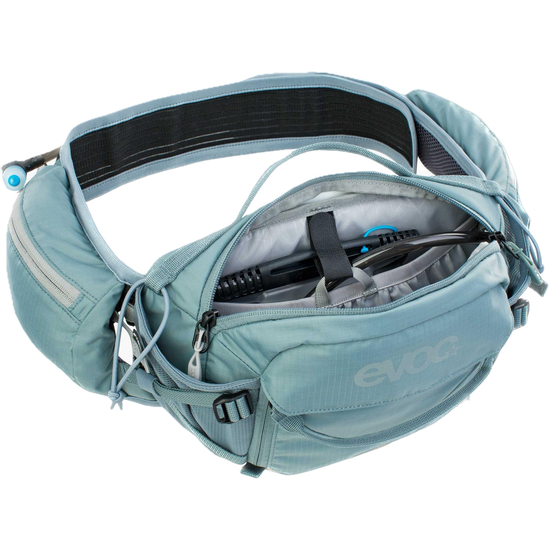 Torba biodrowa EVOC HIP PACK PRO E-RIDE 3 na wycieczki rowerowe i szlaki (pojemność 3 l, AIRFLOW CONTACT SYSTEM, pas biodrowy AIRO FLEX, system VENTI FLAP, koszyk na bidon), kolor: stalowo-szary