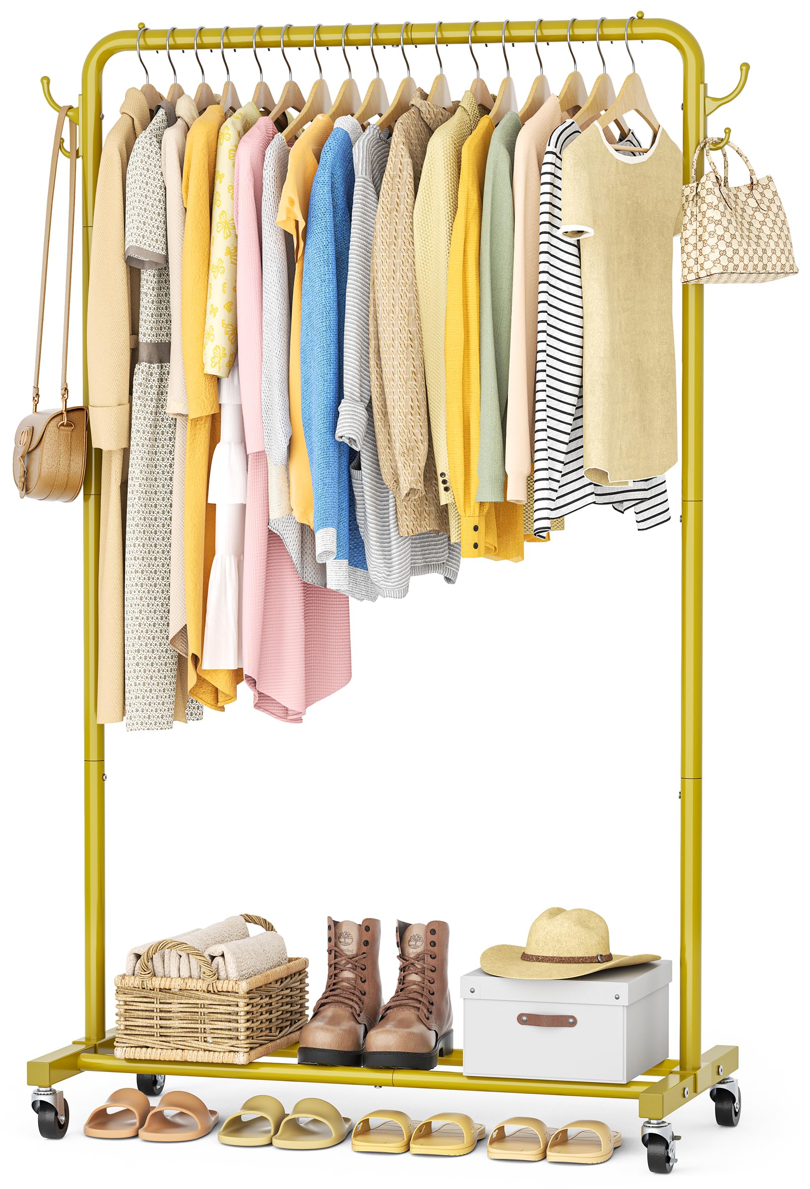 HOMIDEC Clothes Rail, Metal Clothes Rack with 4 Side Hooks, Bottom Storage Shelf and Wheels, Heavy-Duty Clothing Rail Holds Up to 40kg, Clothes Rails for Bedroom, Hallway, Clothing Stores, Golden