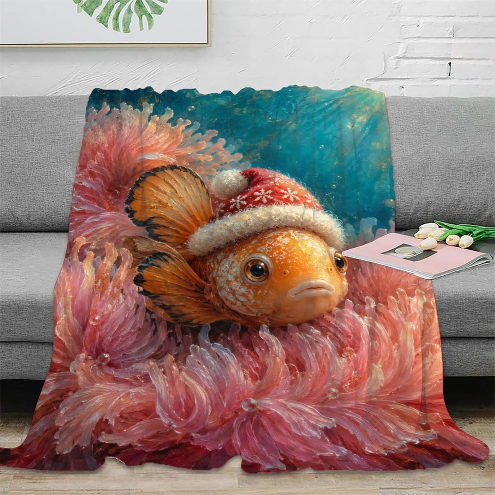 W7C8U2X3 Clownfish Pink Anemone Throw Blanket, Flannel, Tropical Ocean Art
