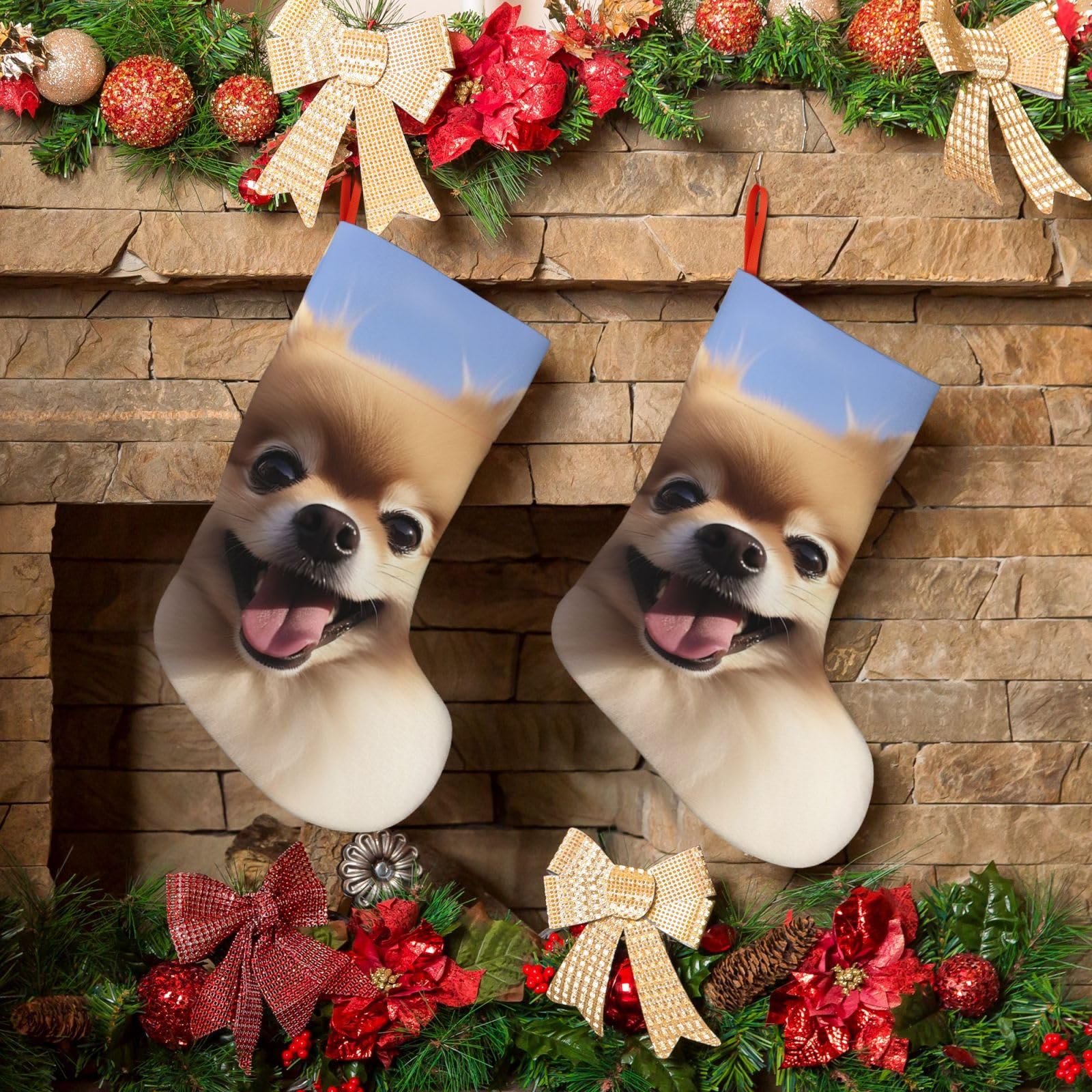 Happy Pomeranian Christmas Stockings 18 Inches Velvet Xmas Fireplace Hanging Stocking Rustic Christmas Santa Stockings for Home Christmas Decorations Party Favor Supplies
