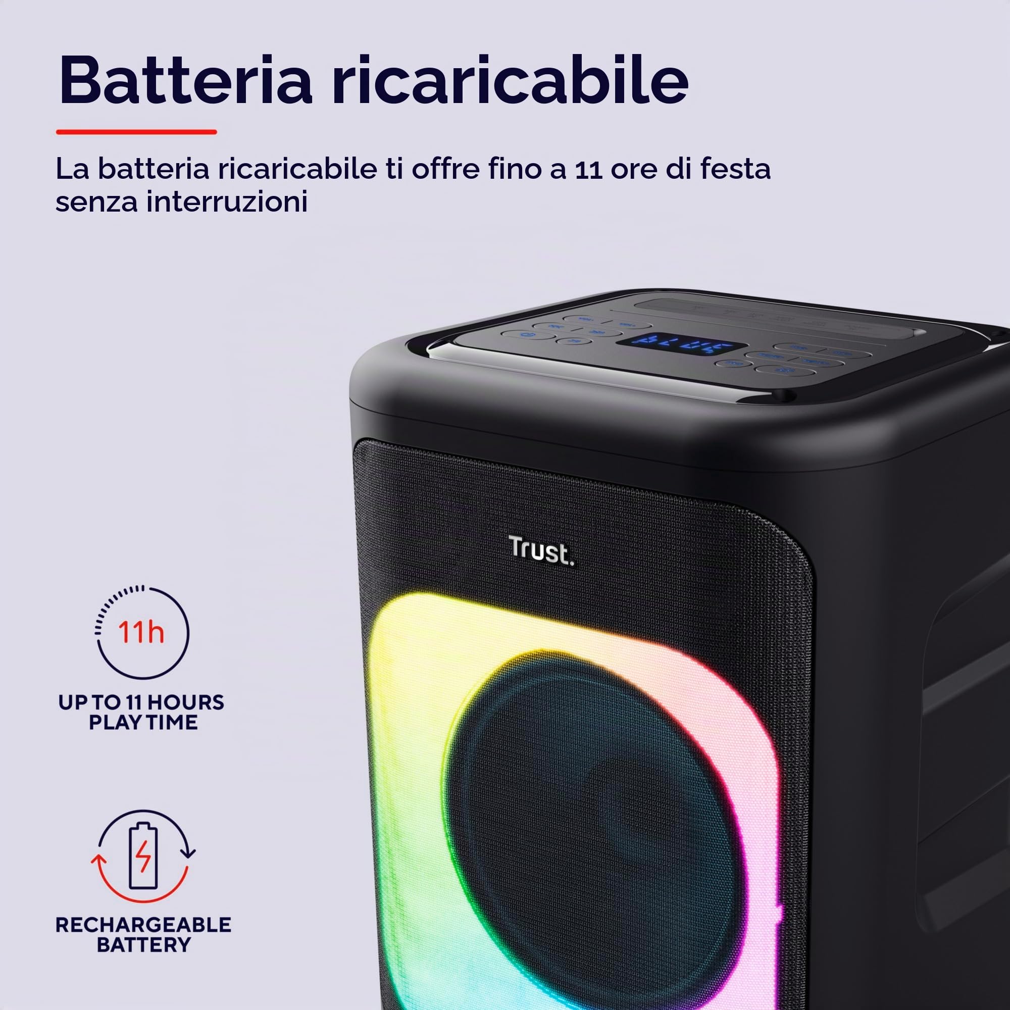 Trust Azura Cassa Bluetooth Portatile 100W per Feste, Altoparlante Bluetooth LED RGB Wireless Party Speaker Intemperie IPX4, Batteria Ricaricabile 11 Ore, 2 Ingressi per Microfono Karaoke - Nero
