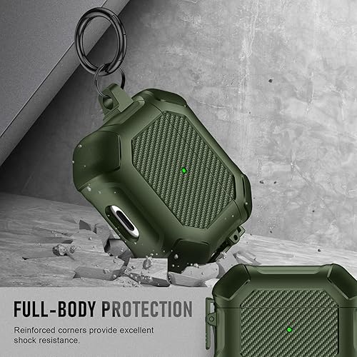 Vista 144 de Maxjoy Funda para AirPods Pro, clip de bloqueo seguro de fibra de carbono, cuerpo completo, a prueba de golpes, carcasa rígida con llavero