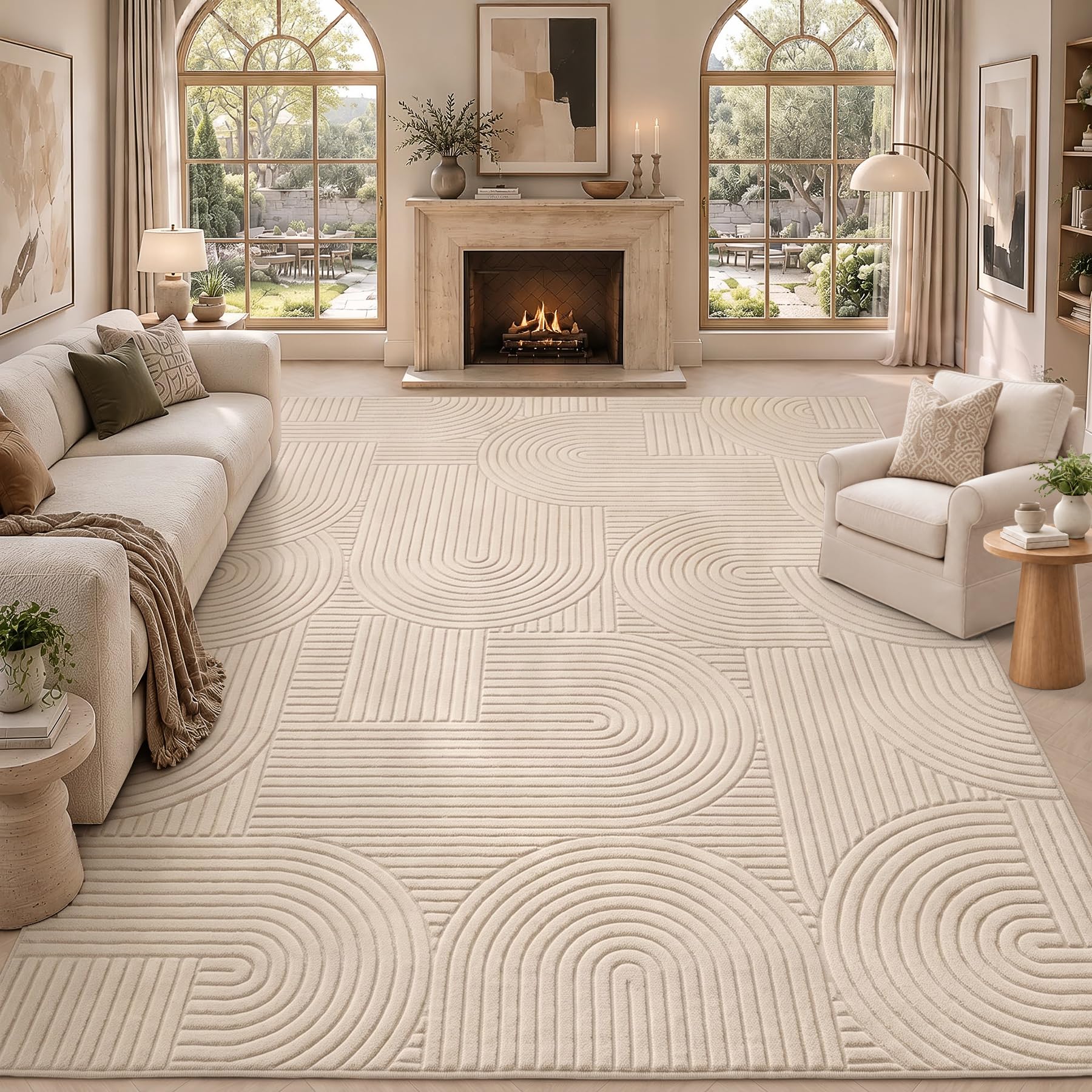 Flomal 8x10 Area Rug Living Room:Washable Modern Neutral Cream Carpet Beige | Soft Geometric Fluffy Rugs for Indoor Bedroom Dining Room Nursery Office Farmhouse, Solid Color, Arch Pattern