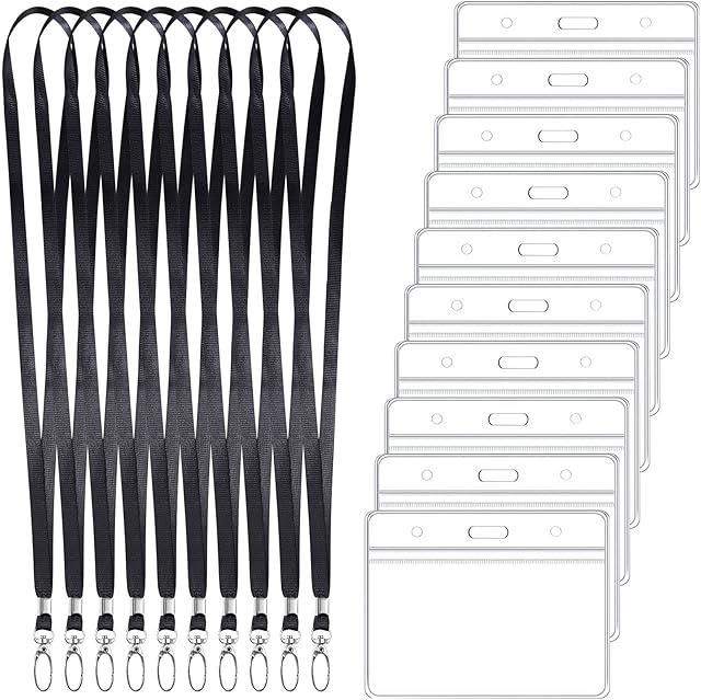 10PCS Lanyards with Card Holder, Black Flat Nylon Lanyards for Neck Plastic ID Card Holders