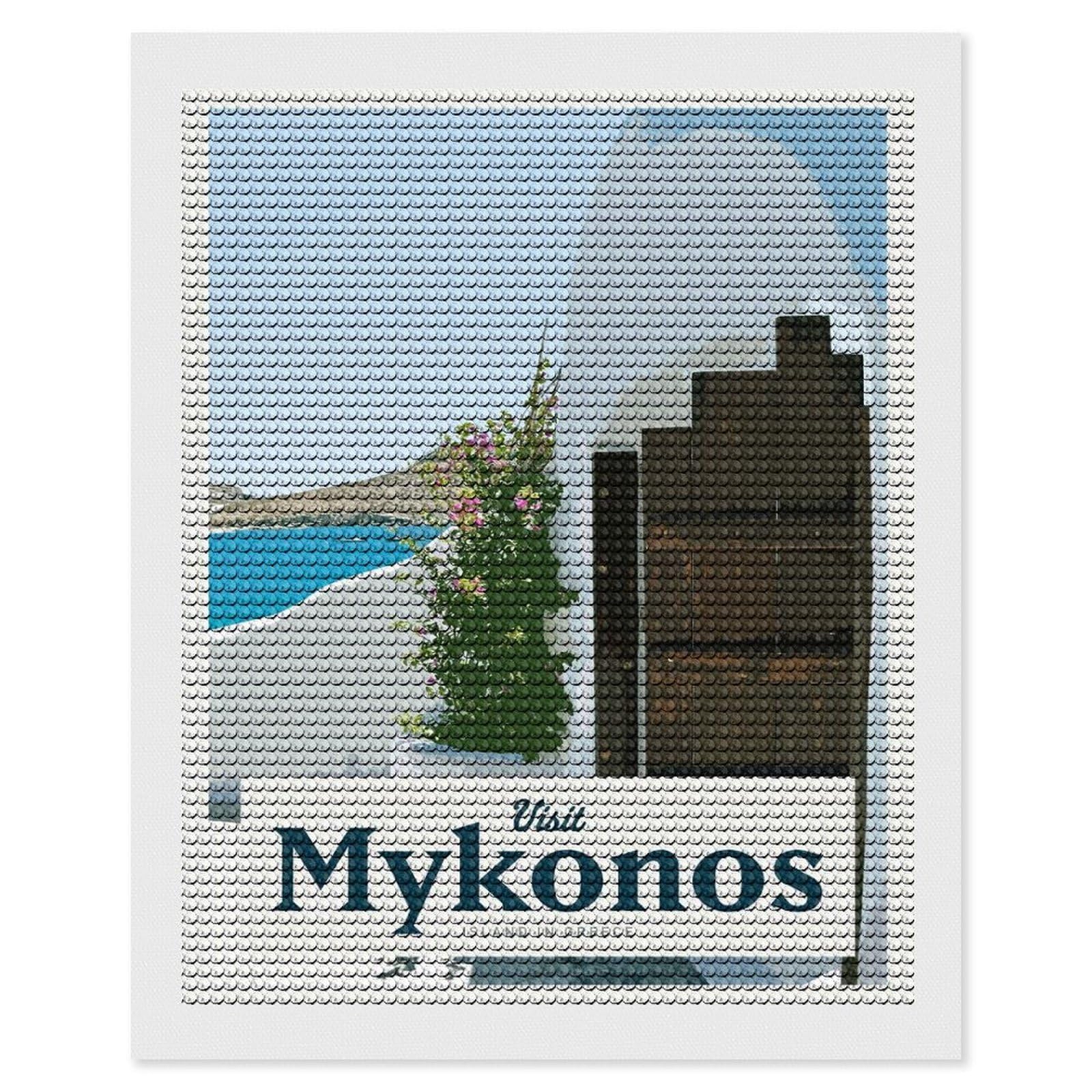 Junmoney Visit Mykonos DIY Diamond Art Canvas Kit 16"x20", Farmhouse Decor, Vintage Style Decor, Handmade Wall Decor, Canvas Picture