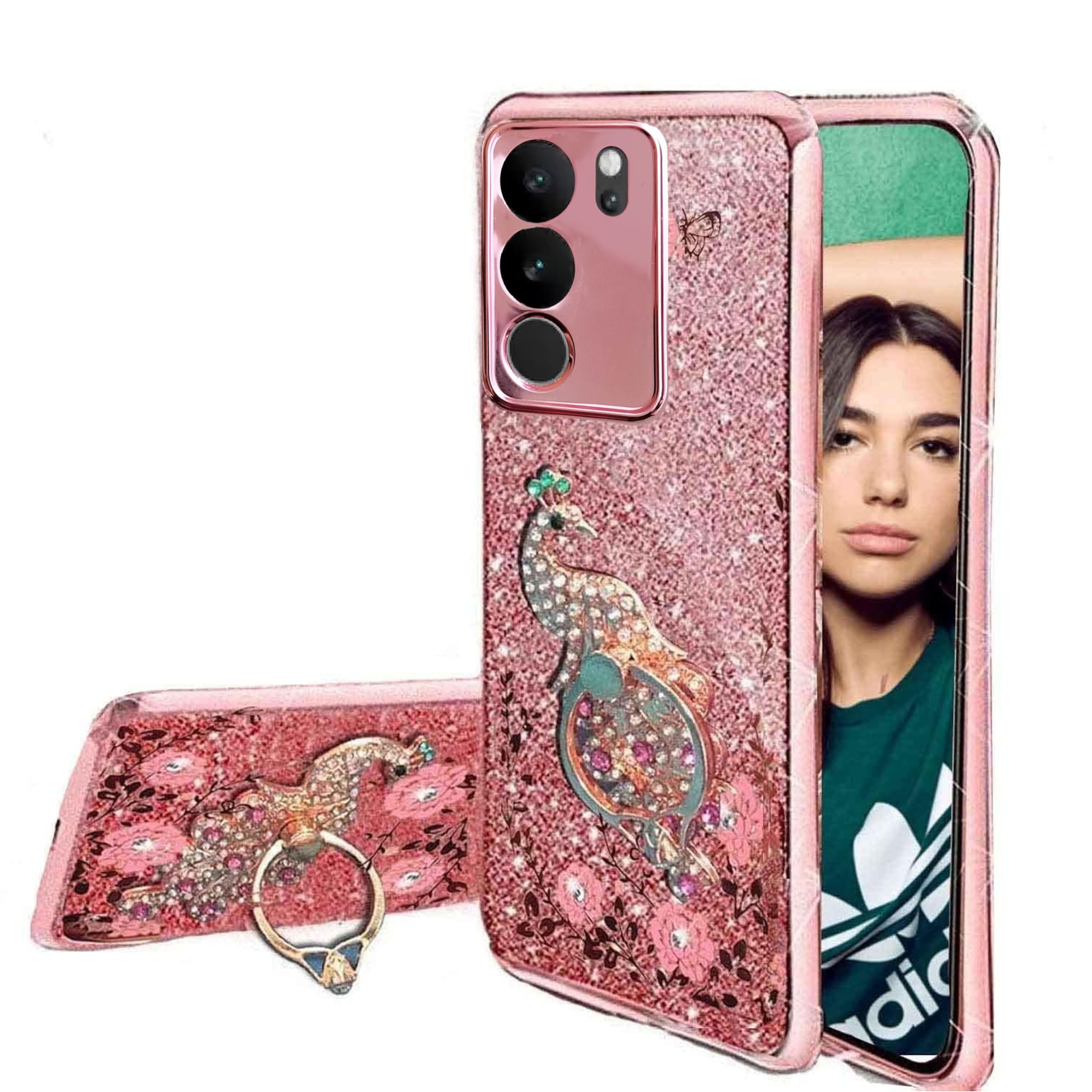 KC Back Cover for Vivo V29 5G & Vivo V29 Pro 5G - Glitter Auora Rhinestones Ring Holder Diamond Stand Transparent Soft Silicone Camera Protection Case (Rose Gold) (B0CNZZD8GW) Amazon Price History, Amazon Price Tracker