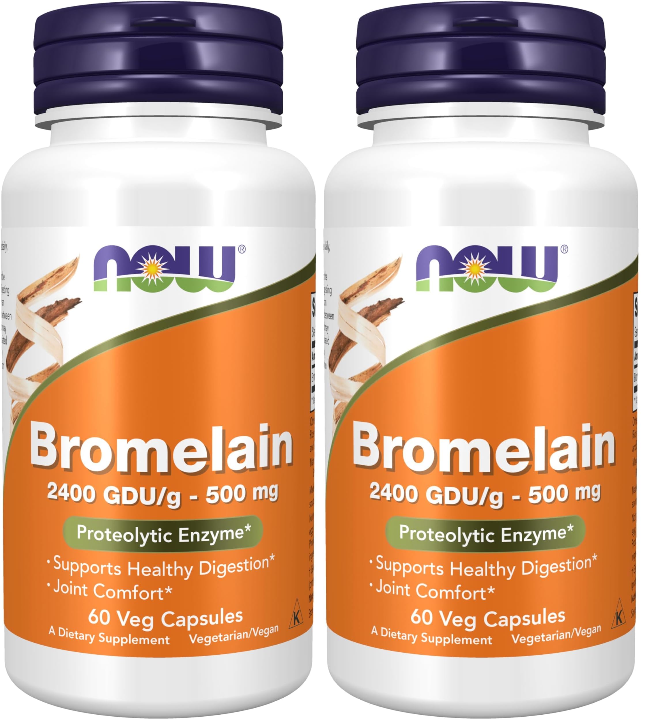 NOW Foods Supplements, Bromelain (Natural Proteolytic Enzyme) 2,400 GDU/g - 500 mg, Natural Proteolytic Enzyme*, 60 Veg Capsules (Pack of 2) 60 Count (Pack of 2)