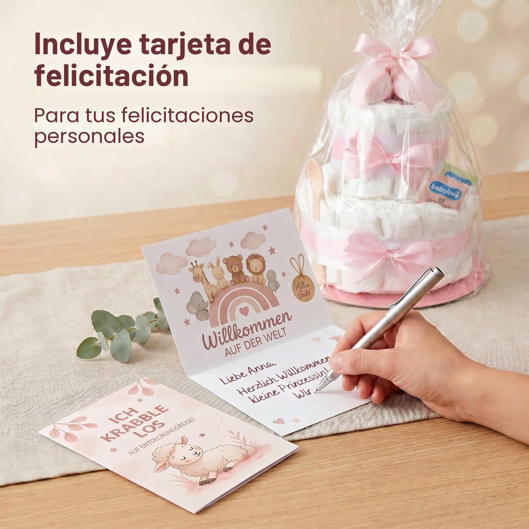 Tarta de pañales para niña de 2 pisos en color rosa con calcetines para bebé, regalos de nacimiento para la madre, bautizo o fiesta de bebé – Idea de regalo con pañales recién nacidos – Incluye