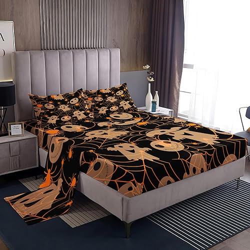 Miniatura 1 de Sábanas de Halloween tamaño California King, sábanas espeluznantes de fantasmas para niños y niñas, juego de sábanas de tela de araña, microfibra